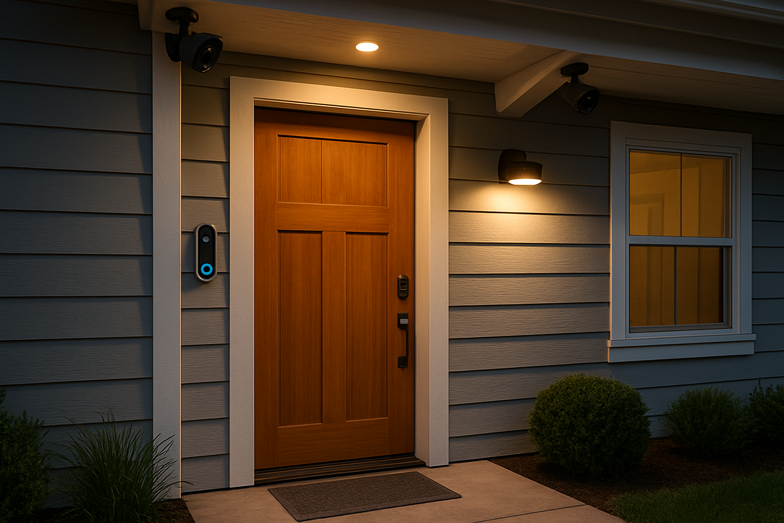 Create a realistic image of a modern home entrance featuring multiple smart security devices including a video doorbell mounted beside the front door, security cameras positioned under the eaves, motion sensor lights, and a smart lock on a wooden door, with a well-lit front porch area during evening hours, showcasing a clean suburban home exterior with landscaping, conveying a sense of safety and modern technology integration, absolutely NO text should be in the scene.