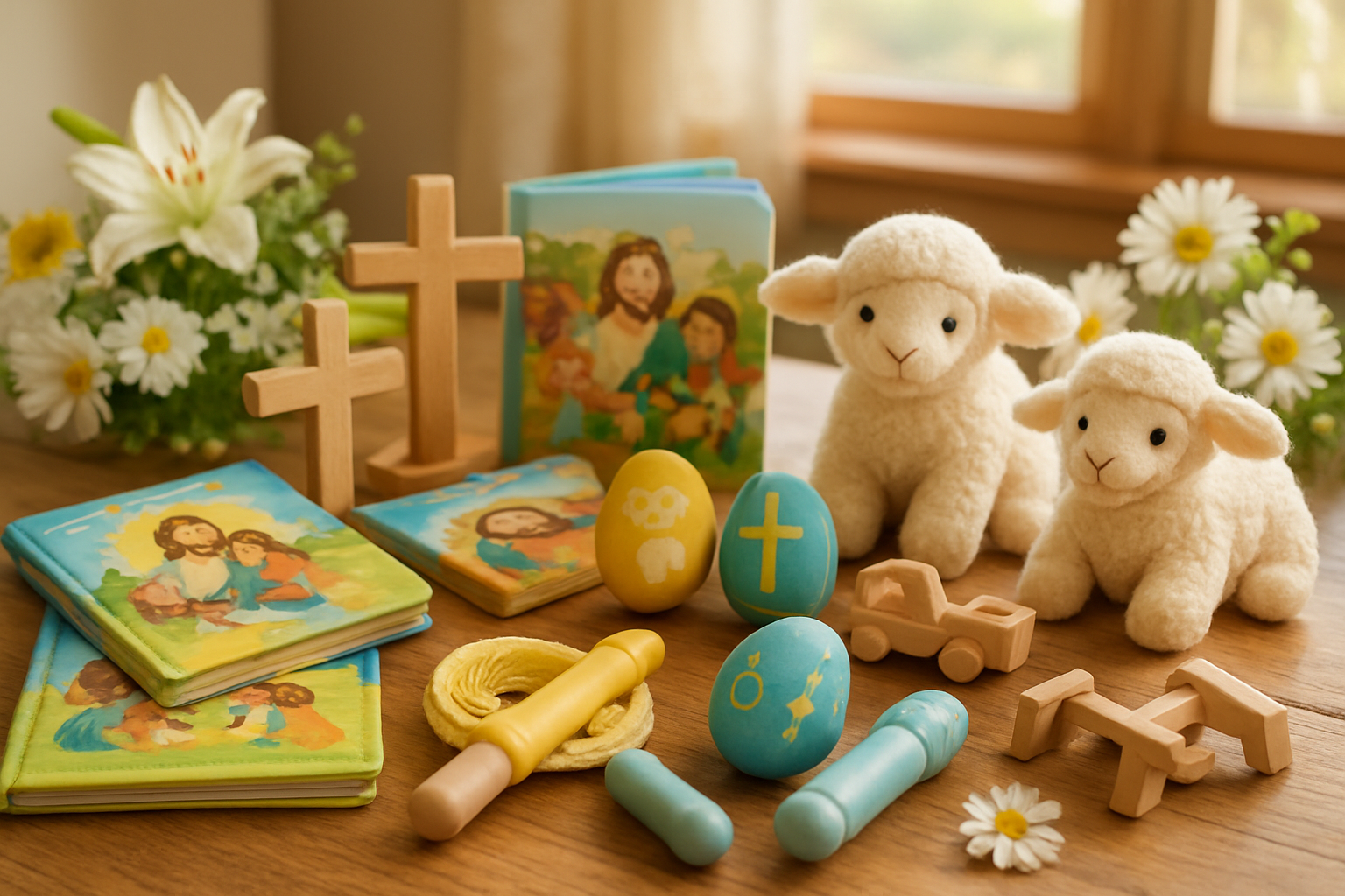 Create a realistic image of a warm, inviting Easter scene featuring a wooden table with various Christian Easter gifts for children arranged thoughtfully, including colorful children's Bible storybooks, wooden cross craft kits, small plush lambs, decorated Easter eggs with Christian symbols, jump ropes with pastel handles, and small wooden toys, all surrounded by soft spring flowers like lilies and daisies, with gentle natural sunlight streaming from a window creating a peaceful, celebratory atmosphere that conveys joy and spiritual meaning, absolutely NO text should be in the scene.