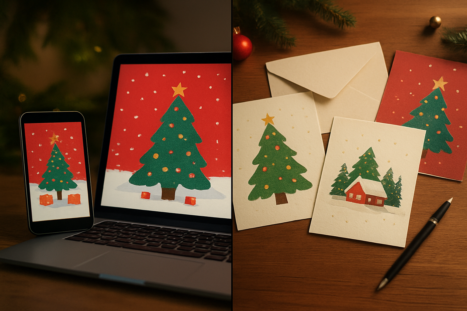 Create a realistic image of a split-screen composition showing digital technology on one side with a smartphone, tablet, and laptop displaying colorful Christmas card interfaces, and traditional paper elements on the other side with printed Christmas cards, envelopes, and a pen on a wooden desk, with soft warm lighting creating a cozy holiday atmosphere, featuring subtle Christmas decorations like pine branches and ornaments in the background, emphasizing the contrast between modern digital accessibility and traditional paper methods, absolutely NO text should be in the scene.