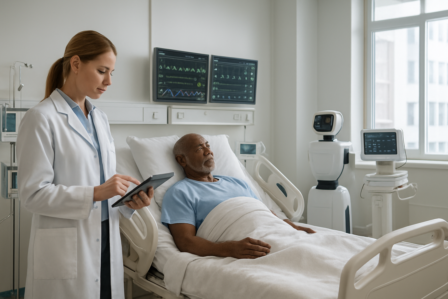 Create a realistic image of a modern hospital patient room where a white female doctor is using an AI-powered tablet interface to monitor patient vital signs displayed on wall-mounted digital screens, with a diverse elderly black male patient comfortably resting in a smart hospital bed equipped with wireless sensors, while robotic assistance devices are positioned nearby, all set in a bright, clean medical environment with natural lighting from large windows, advanced medical equipment seamlessly integrated throughout the space, and a calm, professional healthcare atmosphere that demonstrates intelligent technology enhancing patient care delivery, absolutely NO text should be in the scene.
