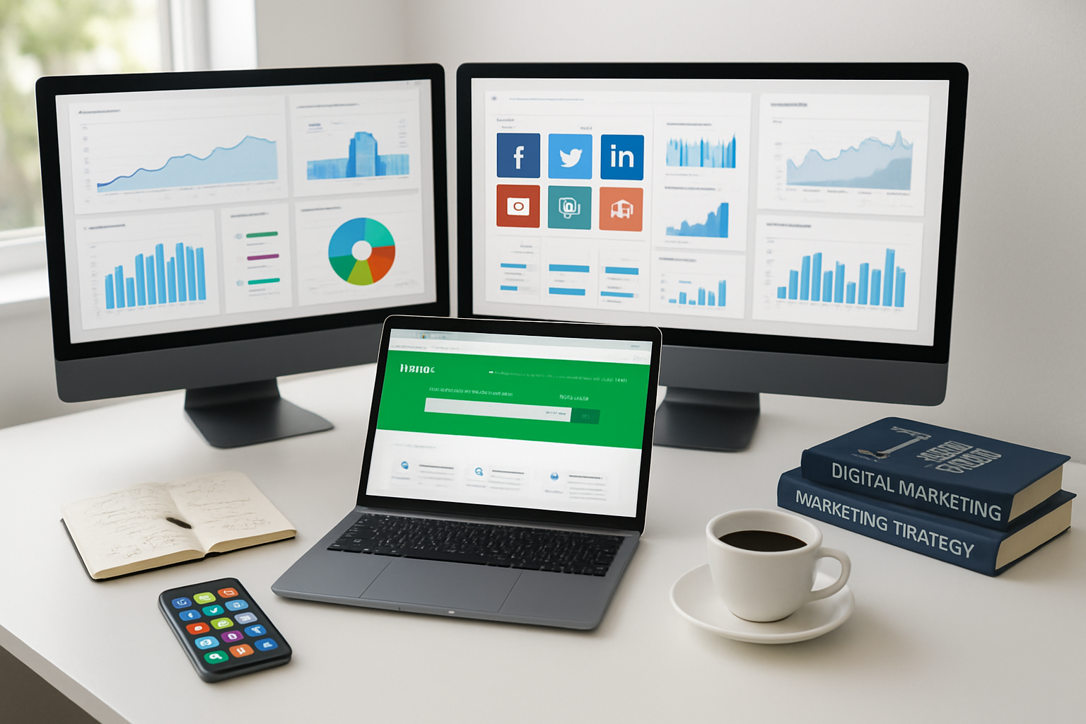 Create a realistic image of a modern workspace with multiple computer screens displaying various digital marketing dashboards, analytics charts, social media management interfaces, and advertising campaigns, with a sleek laptop showing the Fiverr website interface, surrounded by marketing-related items like a smartphone displaying social media apps, a notepad with strategy sketches, a coffee cup, and professional marketing books, set against a clean white desk in a bright, well-lit office environment with natural lighting from a window, creating a professional and productive atmosphere that represents thriving digital marketing services, absolutely NO text should be in the scene.