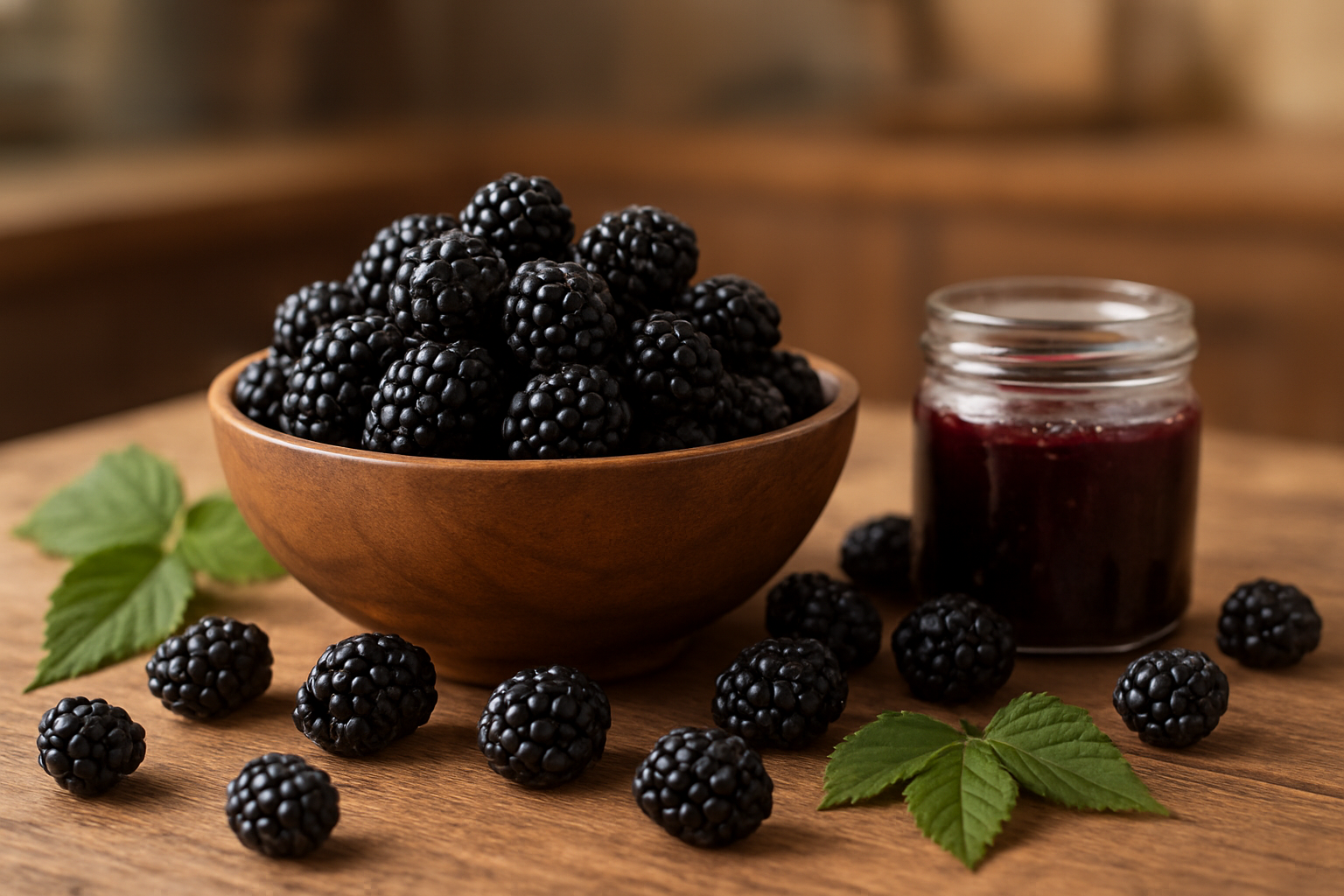 Create a realistic image of fresh ripe marionberries arranged in a rustic wooden bowl on a natural wood table, surrounded by scattered loose berries, green marionberry leaves, and a small glass jar filled with marionberry jam, with soft natural lighting coming from the side creating gentle shadows, set against a blurred kitchen background with warm earth tones, conveying a cozy and inviting atmosphere that celebrates the versatility and appeal of marionberries from garden to table, absolutely NO text should be in the scene.