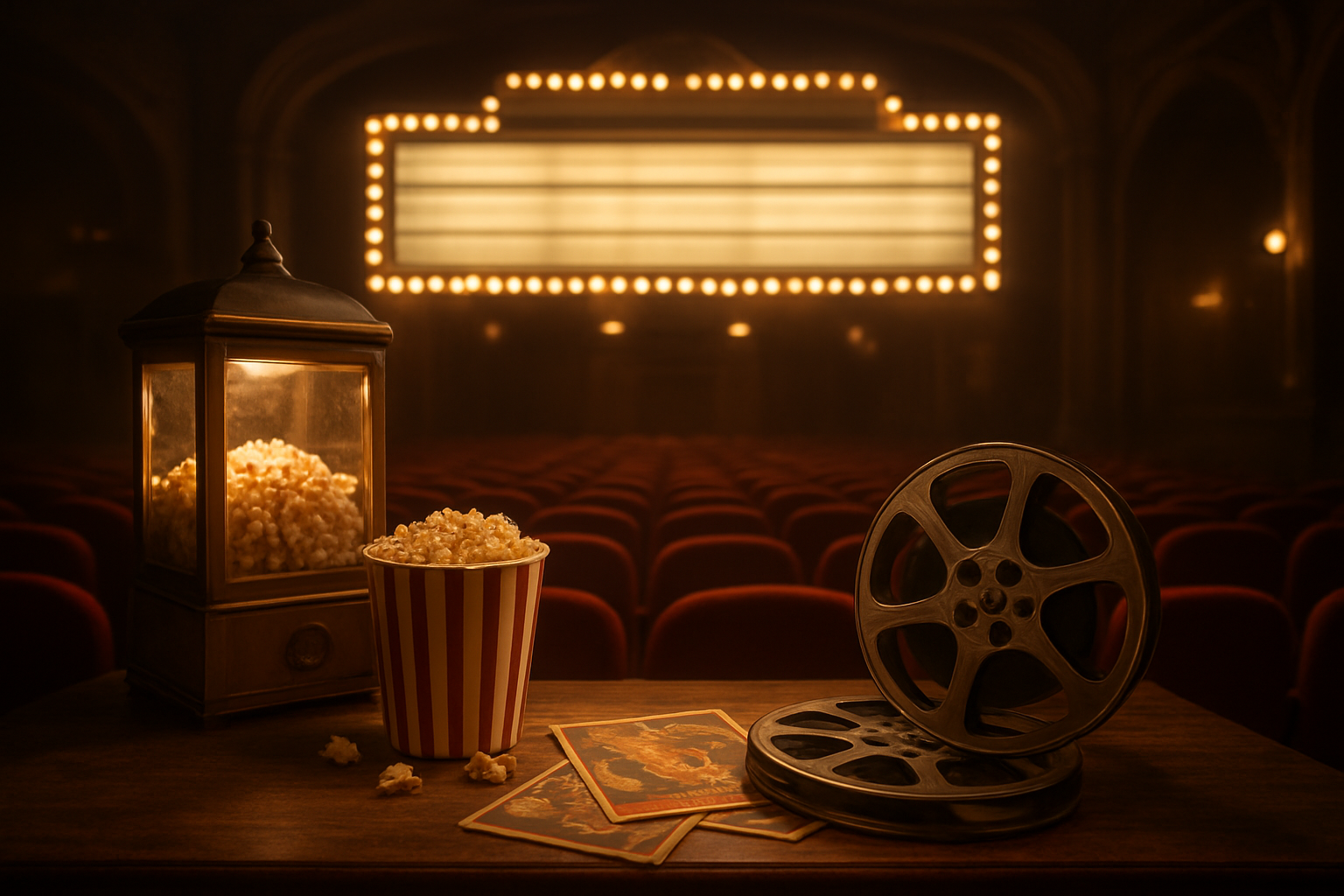 Create a realistic image of a vintage movie theater marquee displaying classic film titles, with warm golden lighting illuminating rows of empty red velvet seats in the foreground, film reels and vintage movie posters scattered on a wooden table beside an old-fashioned popcorn machine, cinematic lighting creating dramatic shadows and highlights throughout the scene, evoking nostalgia and the evolution of cinema, with a soft bokeh effect in the background showing blurred theater architecture, absolutely NO text should be in the scene.