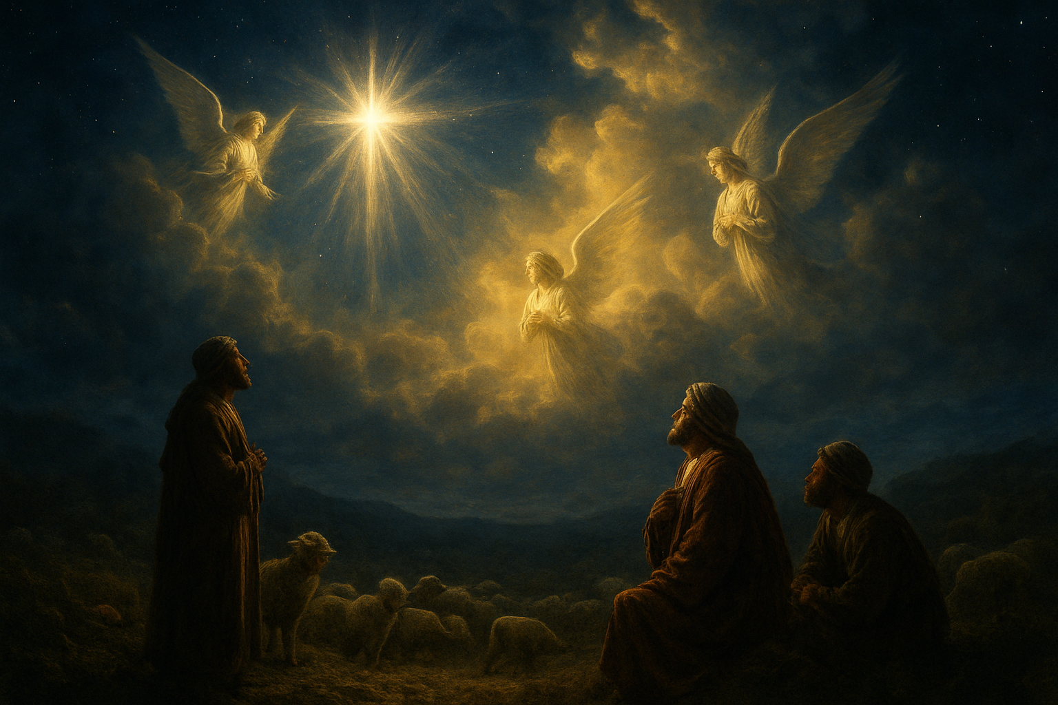Create a realistic image of a dramatic nighttime sky filled with supernatural biblical signs including a brilliant star radiating divine light beams, angels with luminous white wings appearing in golden glowing clouds, shepherds of Middle Eastern descent looking upward in awe from a hillside dotted with sheep, the scene bathed in ethereal heavenly light contrasting with the deep blue starry night, creating a mystical and reverent atmosphere that conveys divine announcement and wonder, absolutely NO text should be in the scene.