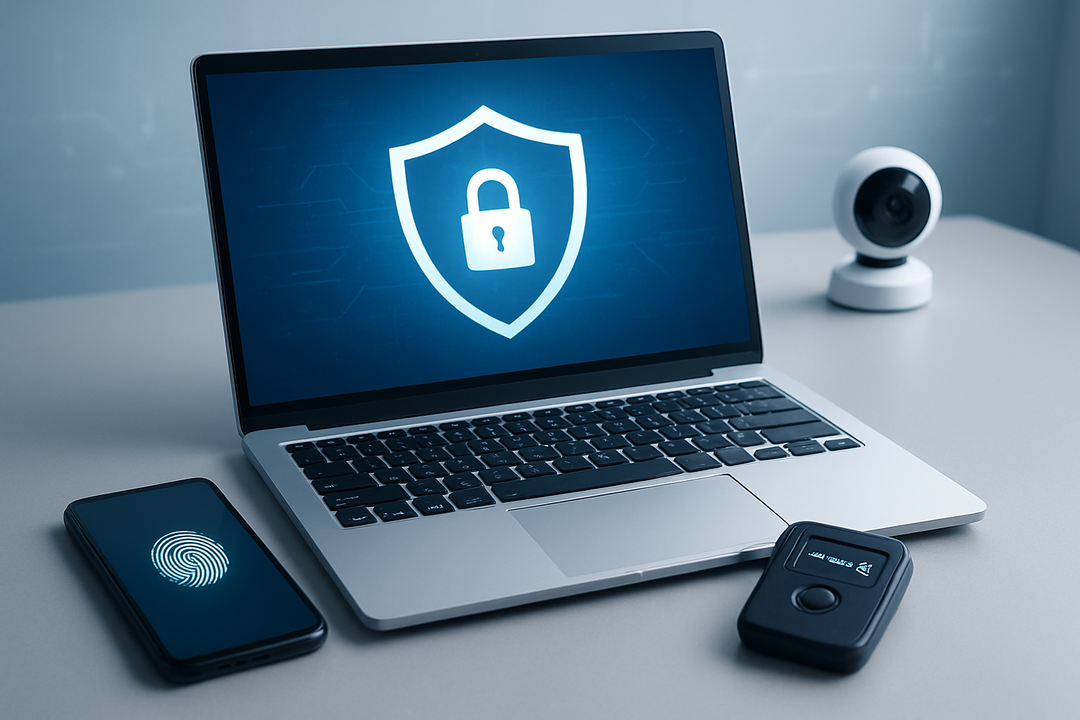 Create a realistic image of a modern office desk setup with multiple digital security elements including a laptop displaying a shield icon on the screen, a smartphone with a fingerprint scanner visible, a two-factor authentication device, and a small security camera in the background, with soft blue and white lighting creating a professional cybersecurity atmosphere, clean minimalist background with subtle tech elements, conveying trust and digital protection. Absolutely NO text should be in the scene.