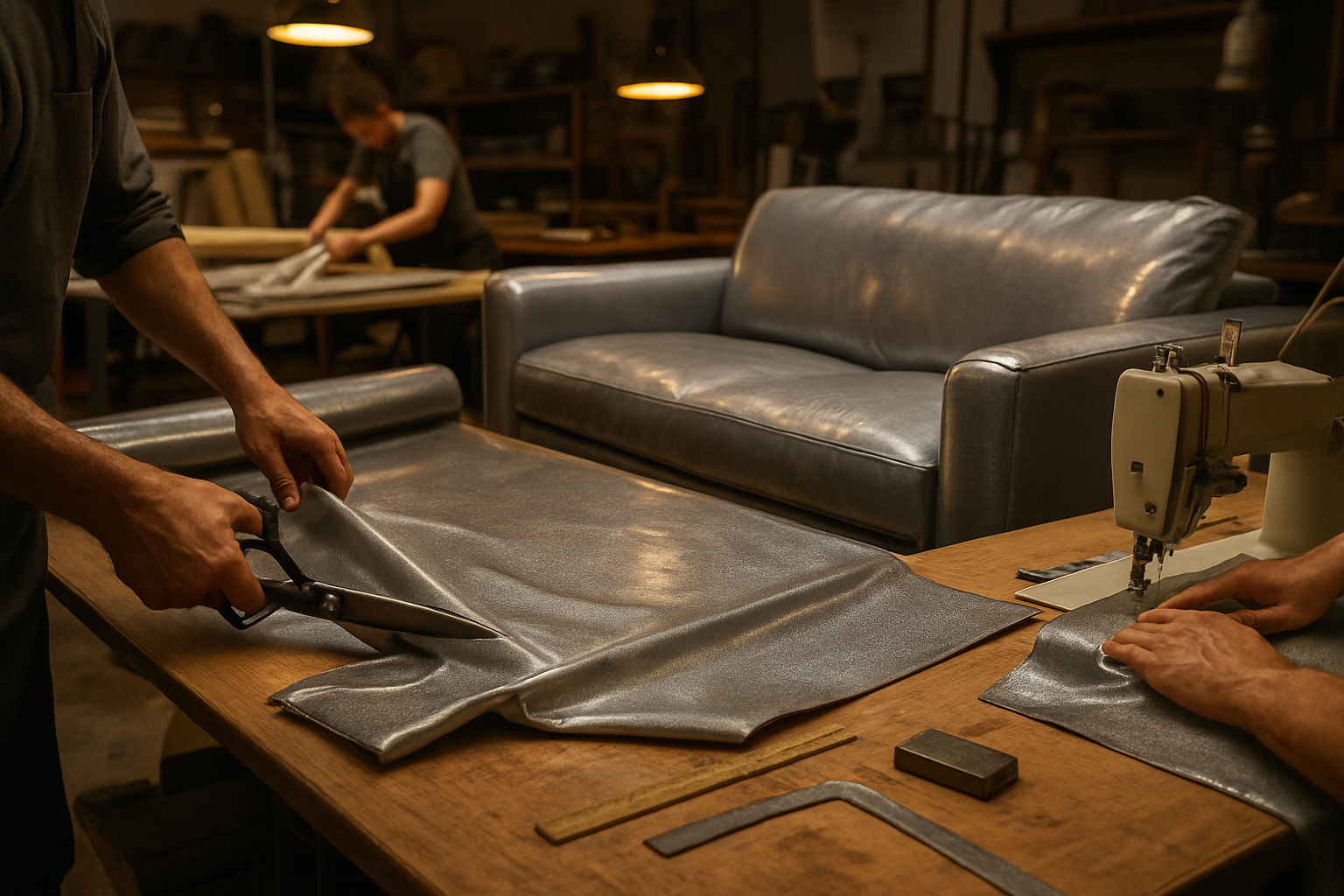 Create a realistic image of a professional furniture manufacturing workshop showing the detailed process of crafting a glossy fabric sofa, with skilled craftsmen's hands working on cutting and sewing shimmering upholstery fabric, professional sewing machines, measuring tools, fabric rolls, and upholstery materials scattered on wooden work tables, warm industrial lighting illuminating the workspace, creating an atmosphere of precision and craftsmanship, absolutely NO text should be in the scene.