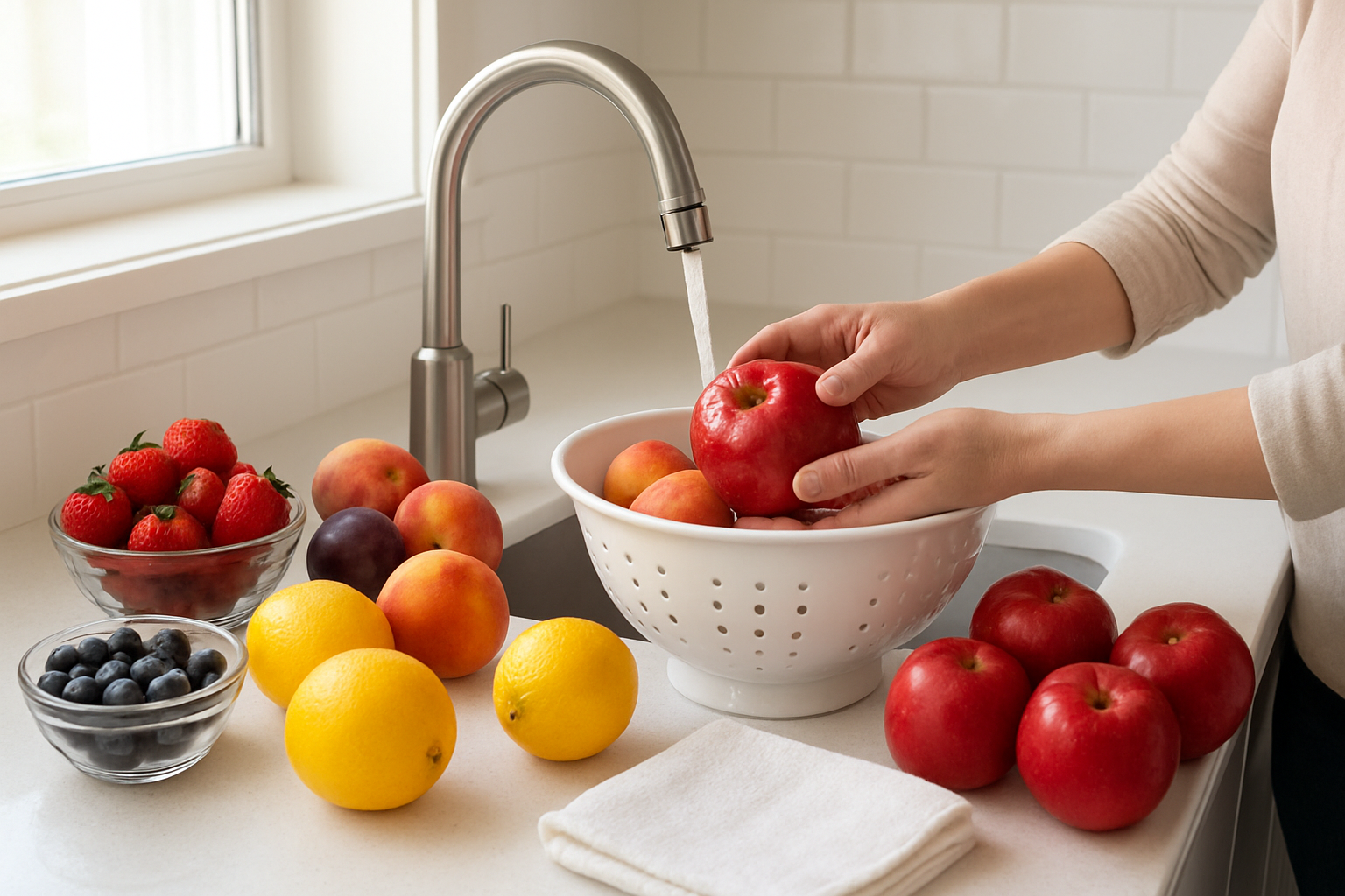 Create a realistic image of various fresh fruits organized into distinct categories on a clean kitchen counter, including berries (strawberries, blueberries), citrus fruits (oranges, lemons), stone fruits (peaches, plums), and apples, with running water from a kitchen faucet washing over some of the fruits, a colander filled with partially washed produce, clean white kitchen towels nearby, and hands of a white female demonstrating proper washing technique by gently scrubbing an apple under the flowing water, bright natural lighting from a kitchen window creating a clean and hygienic atmosphere, absolutely NO text should be in the scene.