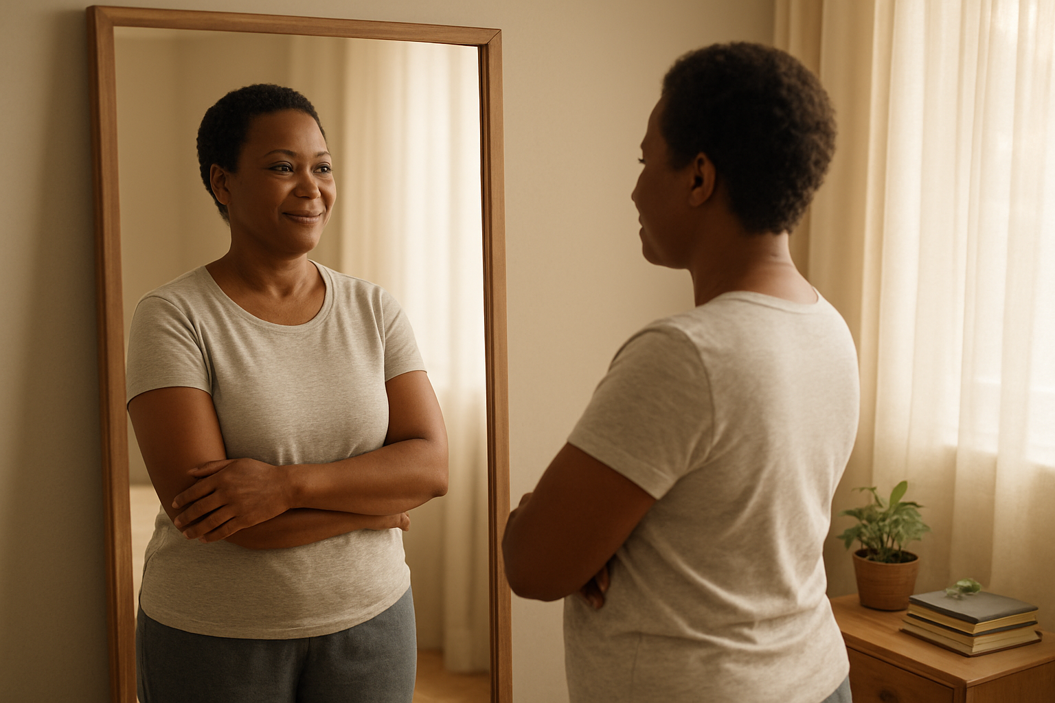Create a realistic image of a confident middle-aged Black woman standing alone in front of a large mirror, looking at her reflection with a gentle, self-assured smile, wearing comfortable casual clothes, in a softly lit bedroom with warm natural lighting streaming through sheer curtains, creating a peaceful and introspective atmosphere that conveys inner strength and self-acceptance, with the mirror reflecting her positive self-image, surrounded by simple personal items like books and plants that suggest personal growth and mindfulness, absolutely NO text should be in the scene.