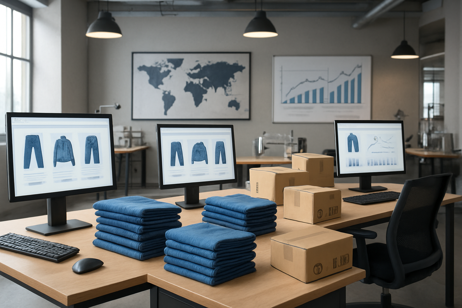 Create a realistic image of a modern business office setting showing growth and scaling concepts with multiple computer workstations displaying clothing e-commerce websites, stacks of denim fabric samples in various blue shades on desks, shipping boxes labeled for international delivery, a large world map on the wall with pins marking different locations, charts and graphs showing upward trending business metrics on a whiteboard, industrial sewing machines visible in the background, and professional lighting creating a productive atmosphere, absolutely NO text should be in the scene.