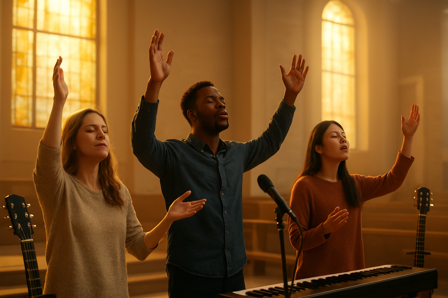 Create a realistic image of a diverse group of people with raised hands in worship, including a white female, black male, and Asian female, standing in a modern church sanctuary with soft golden lighting streaming through stained glass windows, musical instruments like guitars and keyboards visible in the foreground, creating a peaceful and uplifting atmosphere of praise and worship, with warm ambient lighting and a contemporary altar area in the background. Absolutely NO text should be in the scene.