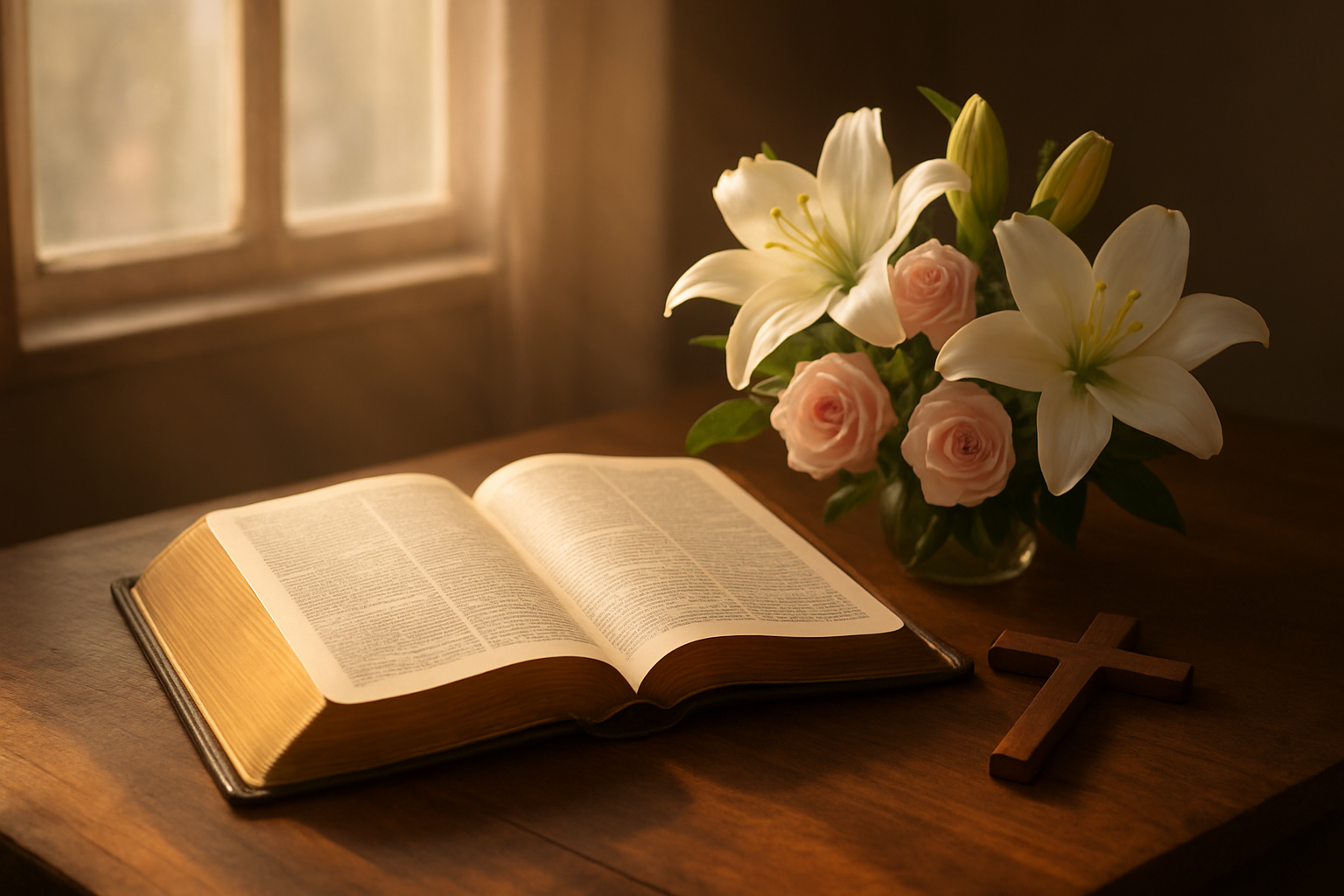 Create a realistic image of an open Bible with golden pages gently illuminated by soft, warm natural light streaming through a window, placed on a wooden table alongside a small bouquet of white lilies and pink roses, with a delicate wooden cross positioned nearby, creating a peaceful and sacred atmosphere that conveys the spiritual foundation of motherhood, with gentle shadows and warm lighting emphasizing the reverent mood of the scene, absolutely NO text should be in the scene.