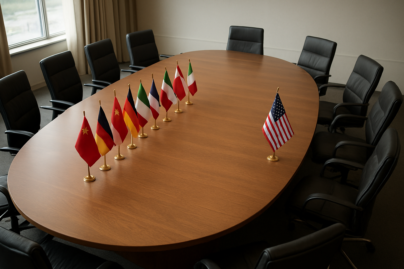 Create a realistic image of a large conference table viewed from above with multiple national flags arranged around it, including prominent placement of the United States flag positioned separately from a cluster of other international flags representing major world powers like China, Germany, UK, France, and others, with empty chairs suggesting absent leadership, set in a modern diplomatic meeting room with soft natural lighting from large windows, conveying a sense of political tension and shifting alliances in global health governance, absolutely NO text should be in the scene.