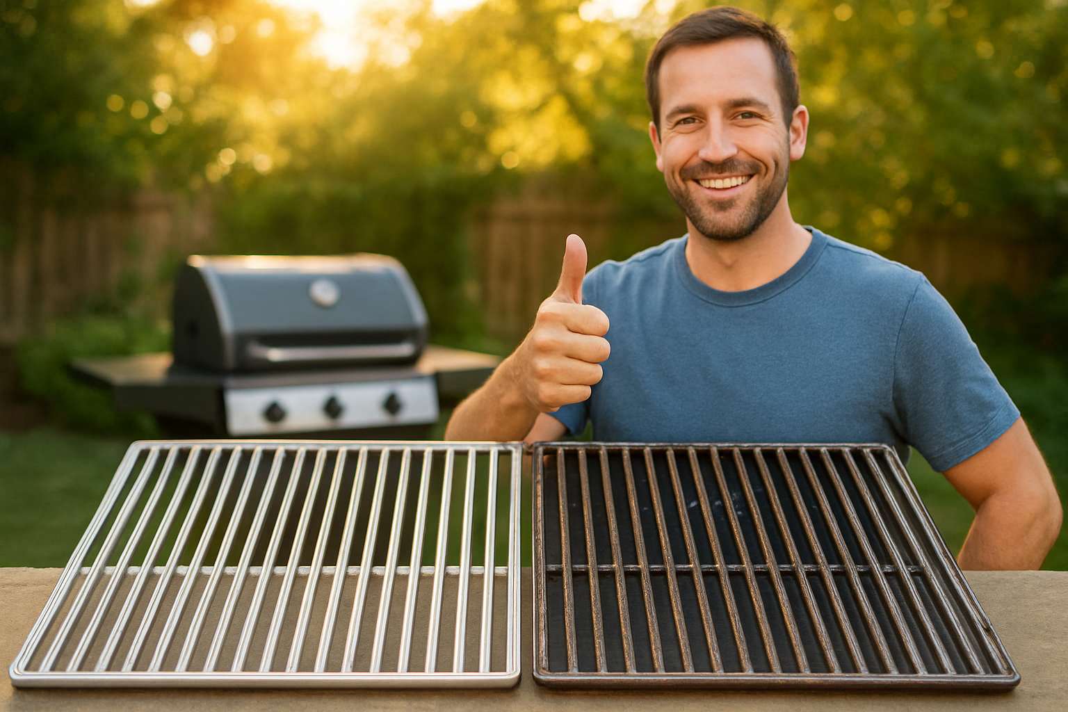 Create a realistic image of a close-up shot of two clean, shiny grill grates side by side on a outdoor patio setting, one visibly spotless and well-maintained next to a slightly used but easy-to-clean grate, with a satisfied white male grill owner in the background smiling and giving a thumbs up while standing next to a backyard BBQ grill, warm golden afternoon sunlight illuminating the scene, conveying a sense of satisfaction and proven results, natural and inviting backyard atmosphere. Absolutely NO text should be in the scene.
