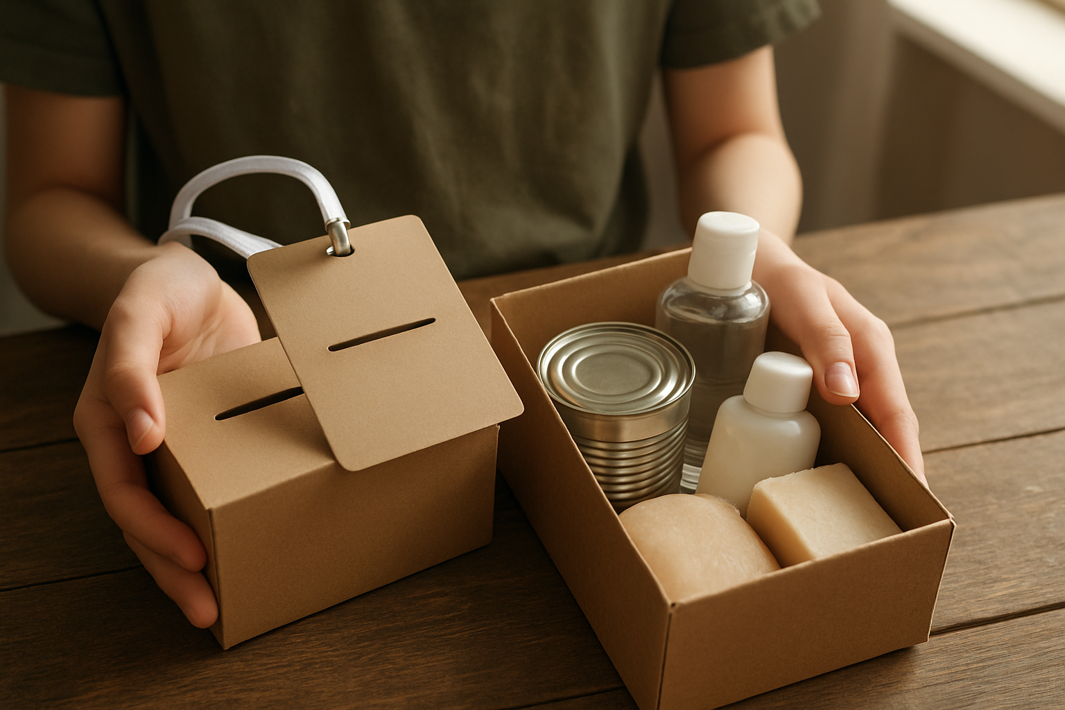 Create a realistic image of teenage hands holding various mission-focused gift items including a donation box, volunteer name tag, and care package supplies like canned goods and toiletries, arranged on a wooden table with soft natural lighting from a window, conveying a warm and purposeful atmosphere of Christian service and giving back to the community, absolutely NO text should be in the scene.