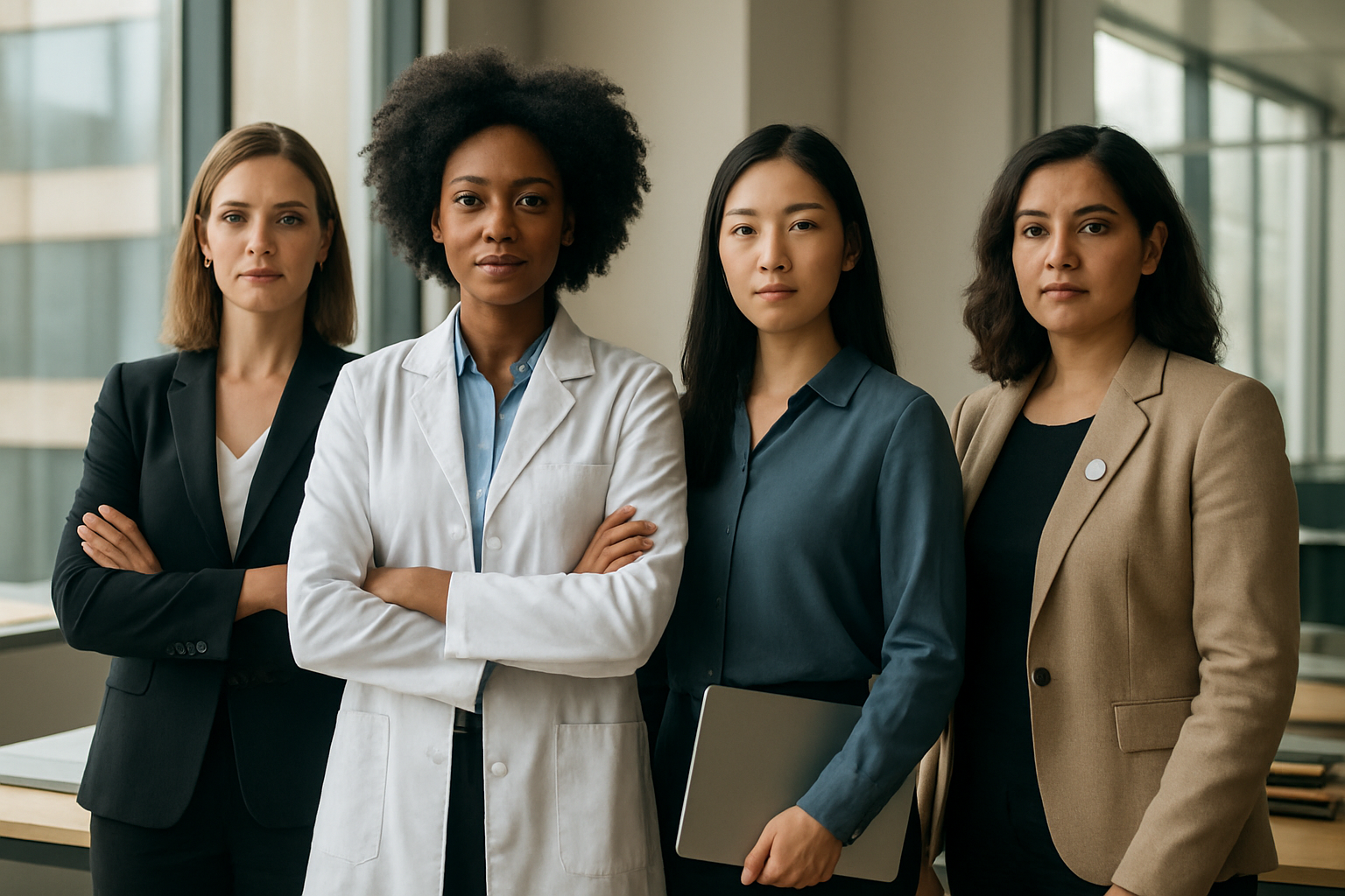 Create a realistic image of diverse contemporary women from different racial backgrounds including white, black, Asian, and Hispanic females standing confidently in a modern professional setting, with each woman representing different fields such as business, science, technology, and activism, wearing professional attire appropriate to their respective fields, positioned in a bright, modern office or conference room with large windows allowing natural lighting, creating an empowering and inspirational atmosphere that conveys leadership and achievement, with subtle elements like laptops, books, or professional tools in the background suggesting their various areas of expertise, captured in warm, natural lighting that emphasizes their determined expressions and professional demeanor. Absolutely NO text should be in the scene.
