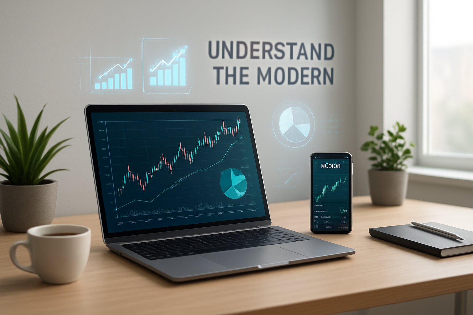 Create a realistic image of a modern home office setup with a sleek laptop displaying financial charts and investment portfolio graphs on the screen, surrounded by contemporary elements like a smartphone showing investment apps, a minimalist desk with a coffee cup, potted plants, and subtle futuristic touches like holographic-style data visualizations floating above the devices, set against a clean, bright background with natural lighting streaming through a window, conveying a sense of financial growth and technological advancement in 2026, absolutely with " UNDERSTAND THE MODERN"should be in the scene.