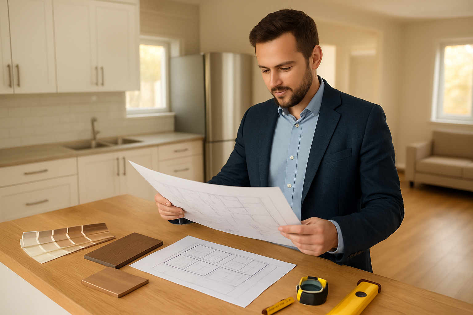 Create a realistic image of a white male property investor in casual business attire examining renovation plans while standing in a residential property interior, with visible home improvement elements like paint swatches, flooring samples, and measuring tools on a counter, modern kitchen and living space in background with warm natural lighting from windows, professional yet approachable atmosphere suggesting strategic planning and property enhancement, absolutely NO text should be in the scene.