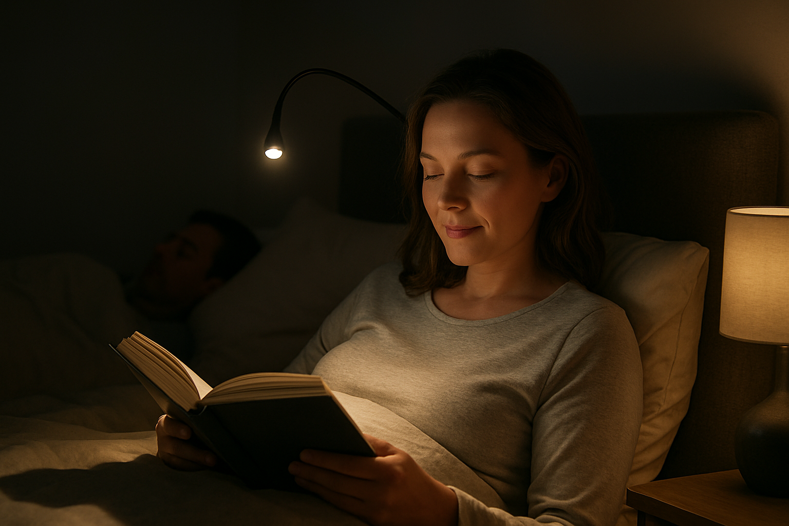 Create a realistic image of a serene bedroom scene at night showing a white female in her 30s lying comfortably in bed reading a book under the warm, soft glow of an adjustable LED reading light, with her face appearing peaceful and relaxed, the room dimly lit with cozy ambient lighting, a sleeping partner visible but undisturbed in the background, modern bedroom decor with soft bedding and pillows, the LED light casting a gentle focused beam on the book pages while keeping the rest of the room in comfortable darkness, conveying a sense of calm, tranquility and anxiety-free bedtime routine, absolutely NO text should be in the scene.