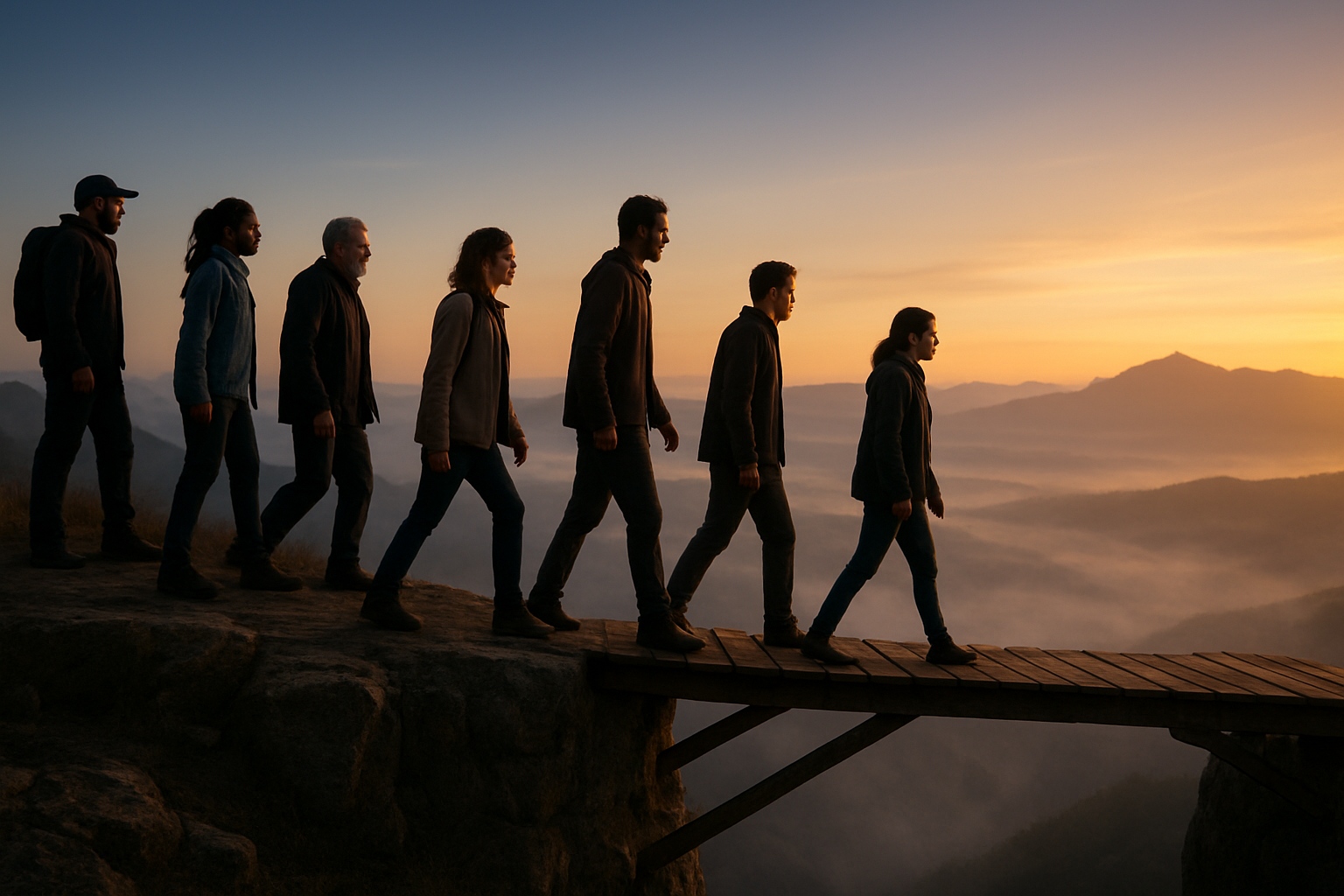 Create a realistic image of a diverse group of people standing at the edge of a cliff overlooking a vast landscape at dawn, with some individuals taking their first steps forward onto a sturdy wooden bridge that spans across a misty valley, their faces showing determination and courage as they move from shadow into the golden morning light, with mountains visible in the distance under a sky transitioning from dark blue to warm orange and yellow hues, symbolizing the journey from fear to faith-driven action, absolutely NO text should be in the scene.
