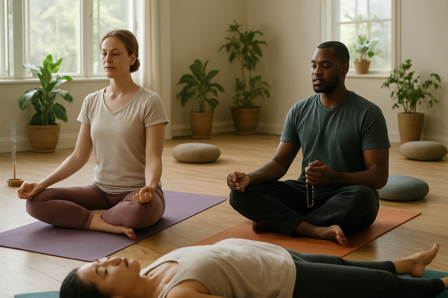 Create a realistic image of a peaceful indoor meditation space showcasing different meditation practices with a diverse group of people including a white female in lotus position practicing mindfulness meditation, a black male sitting cross-legged with prayer beads doing mantra meditation, and an Asian female lying down in corpse pose for body scan meditation, all positioned on colorful yoga mats in a serene room with soft natural lighting from large windows, wooden floors, plants in the background, meditation cushions scattered around, and burning incense creating a calm atmosphere. Absolutely NO text should be in the scene.