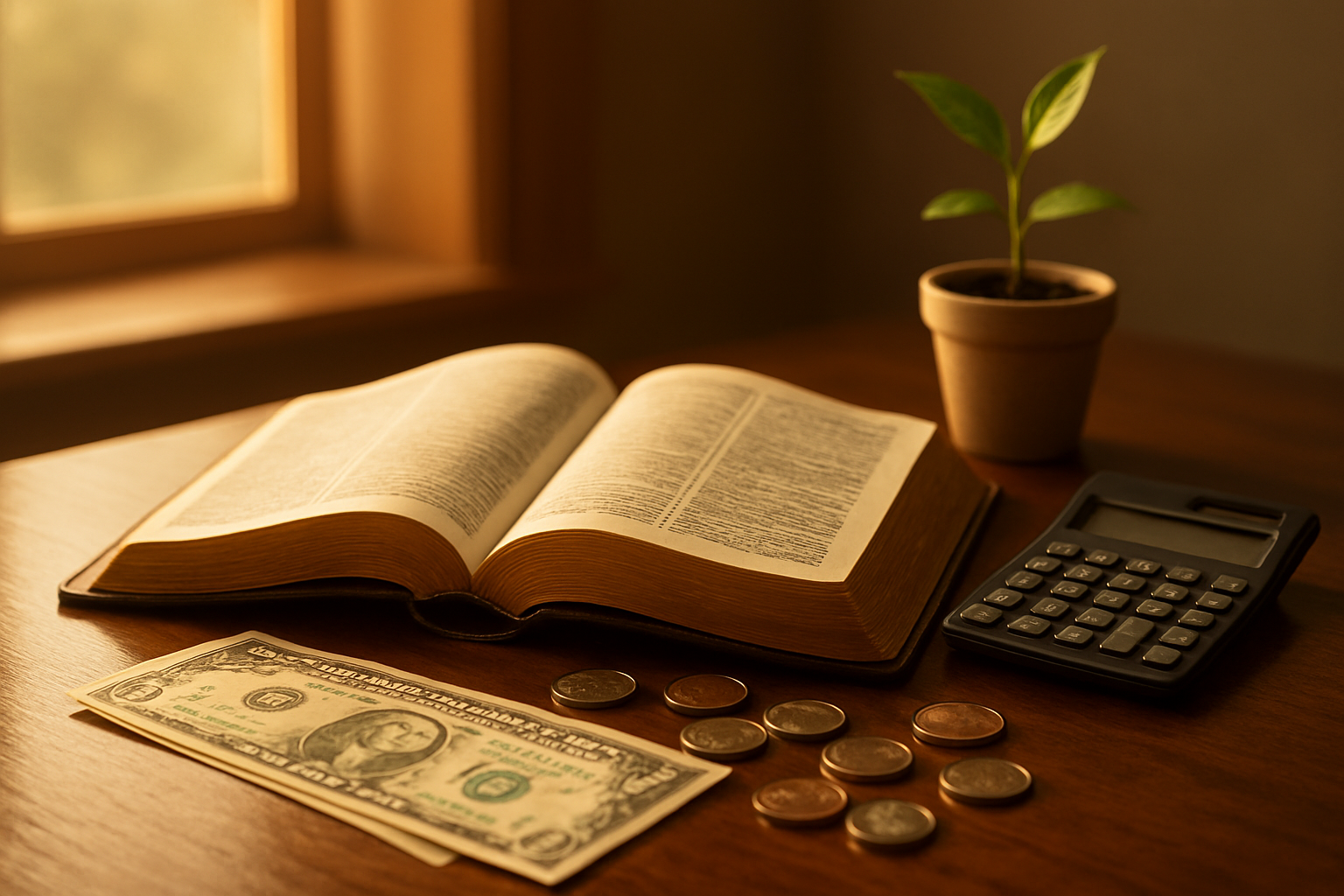 Create a realistic image of an open leather-bound Bible with golden pages positioned on a polished wooden desk, surrounded by financial elements including coins, dollar bills, a calculator, and a small potted plant symbolizing growth, with warm golden lighting streaming through a window creating soft shadows, conveying a peaceful and prosperous atmosphere that represents the intersection of faith and financial wisdom, absolutely NO text should be in the scene.