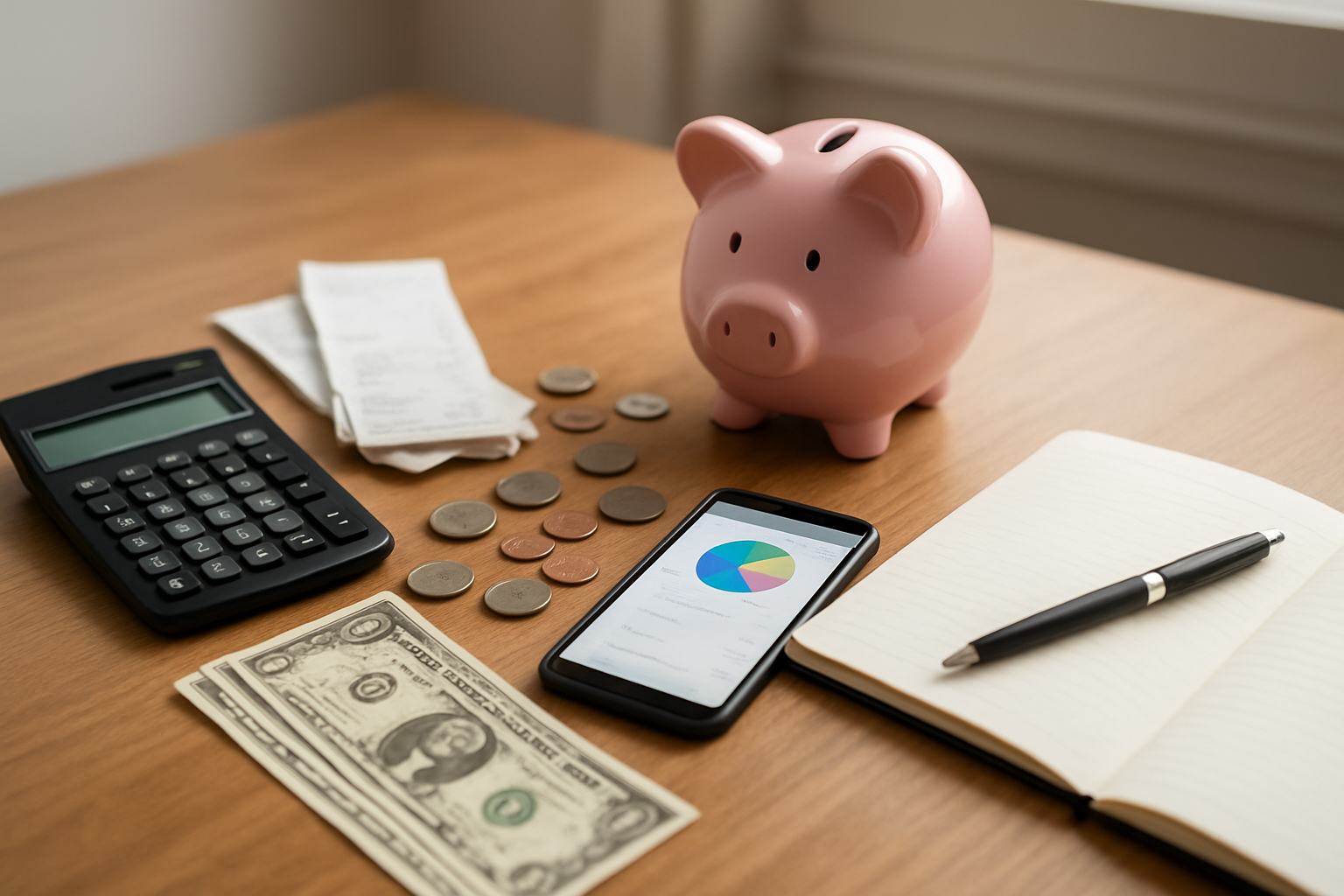Create a realistic image of a modern workspace showing financial planning materials spread across a clean wooden desk including a calculator, organized receipts, a piggy bank, scattered coins and bills, a smartphone displaying a budgeting app, and a notebook with pen for tracking expenses, with soft natural lighting from a nearby window creating a focused and organized atmosphere that conveys smart money management, absolutely NO text should be in the scene.