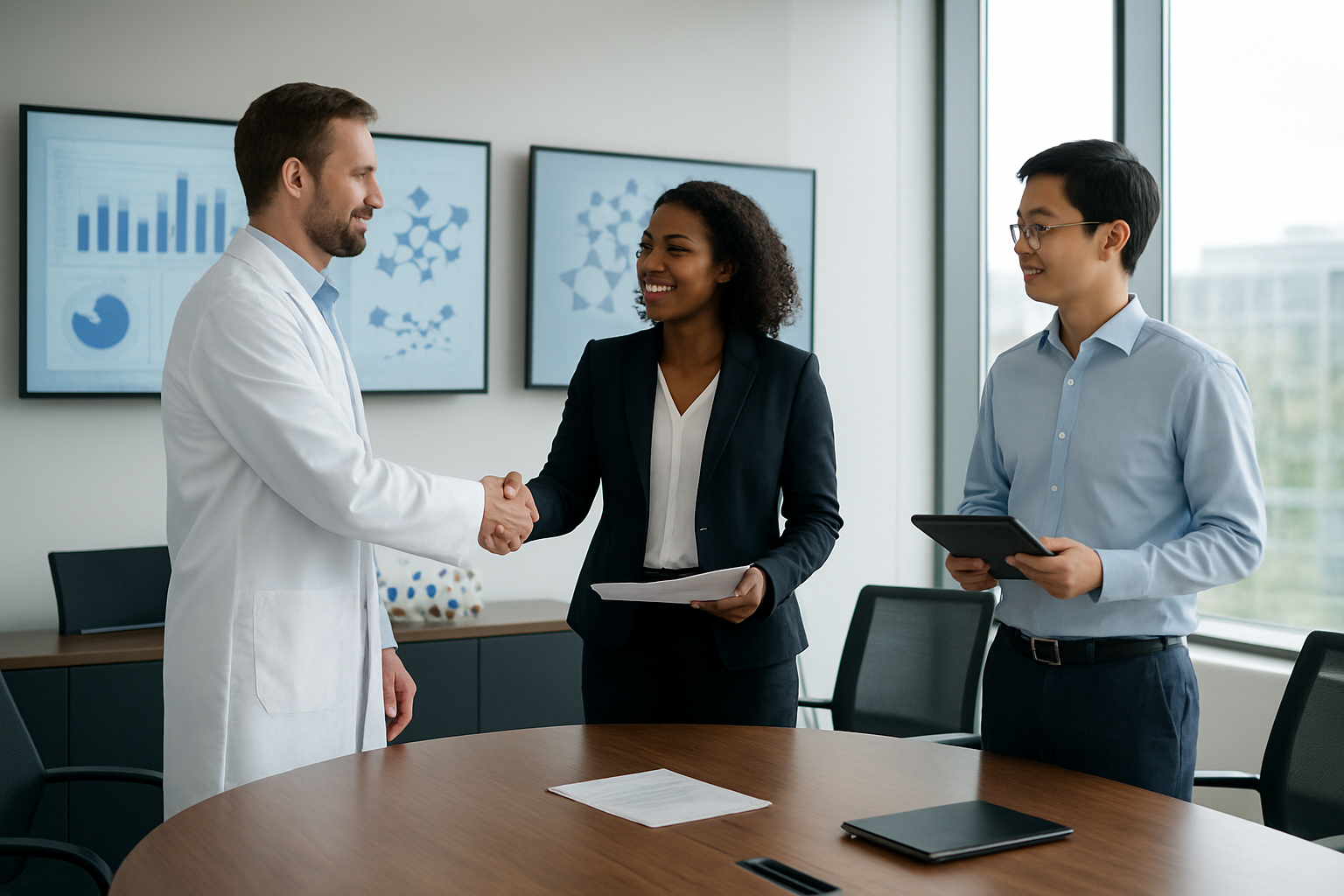 Create a realistic image of a modern conference room with a large oval table where diverse professionals are shaking hands and exchanging documents, including a white male scientist in a lab coat, a black female executive in business attire, and an Asian male researcher holding a tablet, with scientific charts and molecular models displayed on wall screens in the background, bright natural lighting streaming through large windows, conveying a collaborative and successful partnership atmosphere in a sleek biotechnology facility setting, absolutely NO text should be in the scene.