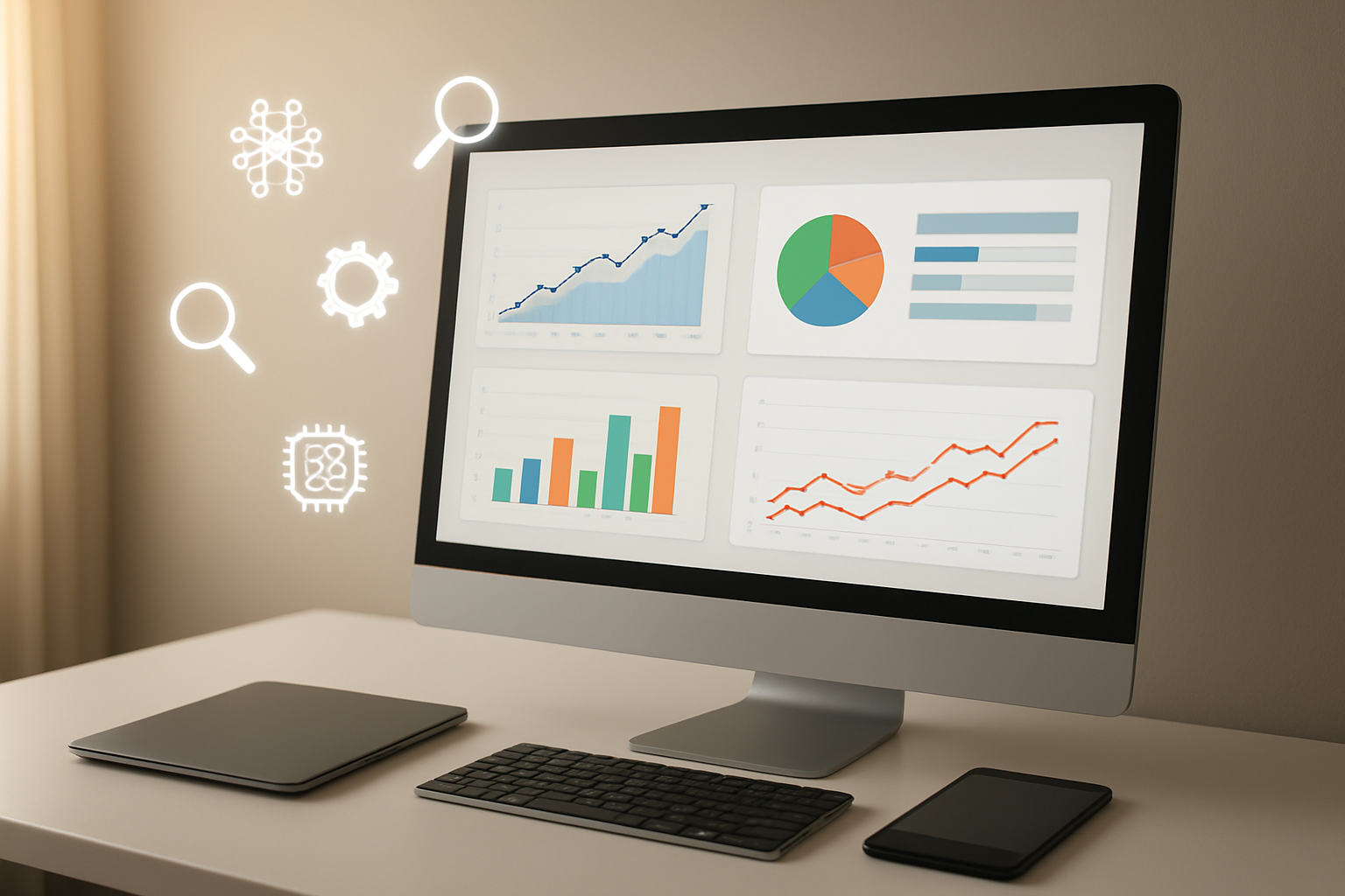 Create a realistic image of a modern digital workspace showing a computer screen displaying colorful analytics dashboards with upward trending graphs and search result snippets, surrounded by AI-related icons floating in the air like neural network nodes, search magnifying glasses, and gear symbols, with a sleek laptop, smartphone, and tablet arranged on a clean white desk, warm natural lighting streaming from the left side creating a professional and successful atmosphere, shot from a slightly elevated angle to show the complete setup, absolutely NO text should be in the scene.