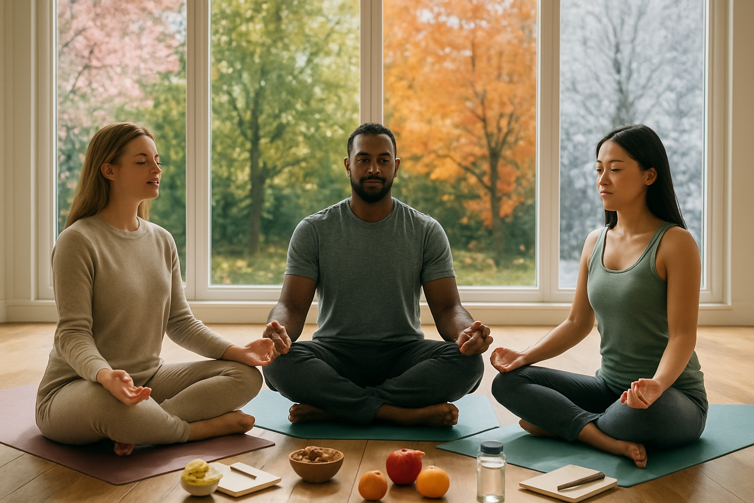 Create a realistic image of a serene wellness scene featuring a diverse group including a white female, black male, and Asian female sitting in a peaceful circle on yoga mats in a bright, airy room with large windows showing all four seasons visible outside - spring blossoms on one side, summer greenery, autumn leaves, and winter snow - with wellness items like water bottles, journals, healthy snacks, and seasonal fruits arranged around them, soft natural lighting streaming through the windows creating a calm and harmonious atmosphere that represents the completion of a personalized wellness journey, absolutely NO text should be in the scene.