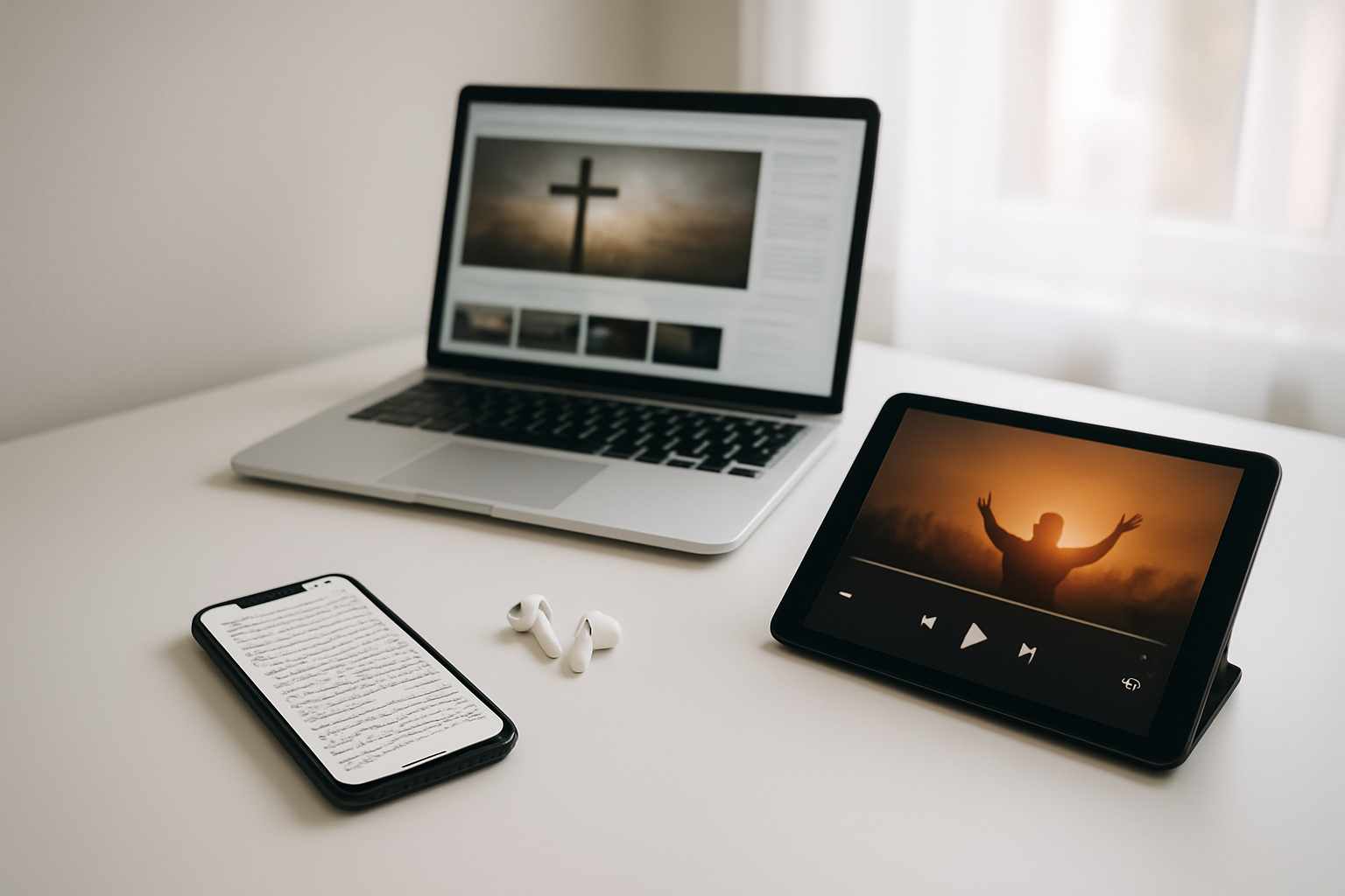 Create a realistic image of a modern desk setup featuring contemporary Christian digital resources, including a smartphone displaying a Bible app, wireless earbuds next to the phone, a tablet showing a worship music streaming interface, and a laptop computer open to a Christian podcast or sermon website, all arranged on a clean white desk with soft natural lighting from a nearby window, creating a peaceful and organized atmosphere that represents modern faith-based technology. Absolutely NO text should be in the scene.