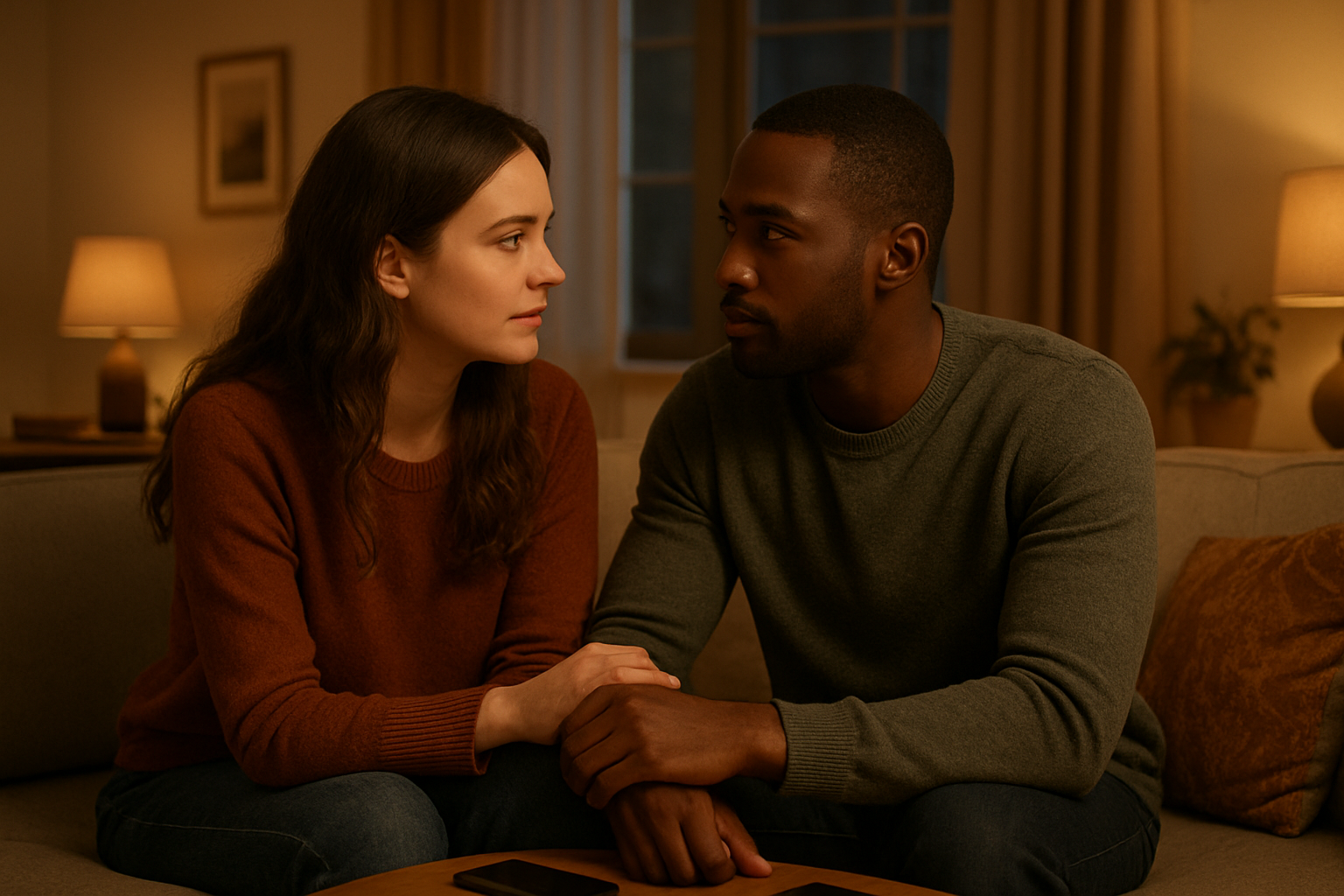 Create a realistic image of a diverse couple, a white female and black male, sitting close together on a comfortable couch in a warmly lit living room, engaged in intimate conversation while maintaining eye contact, with soft evening lighting filtering through nearby windows, smartphones placed face-down on a side table showing they're disconnected from technology, warm earth-tone decor in the background creating a cozy atmosphere, their body language showing attentiveness and emotional connection, absolutely NO text should be in the scene.
