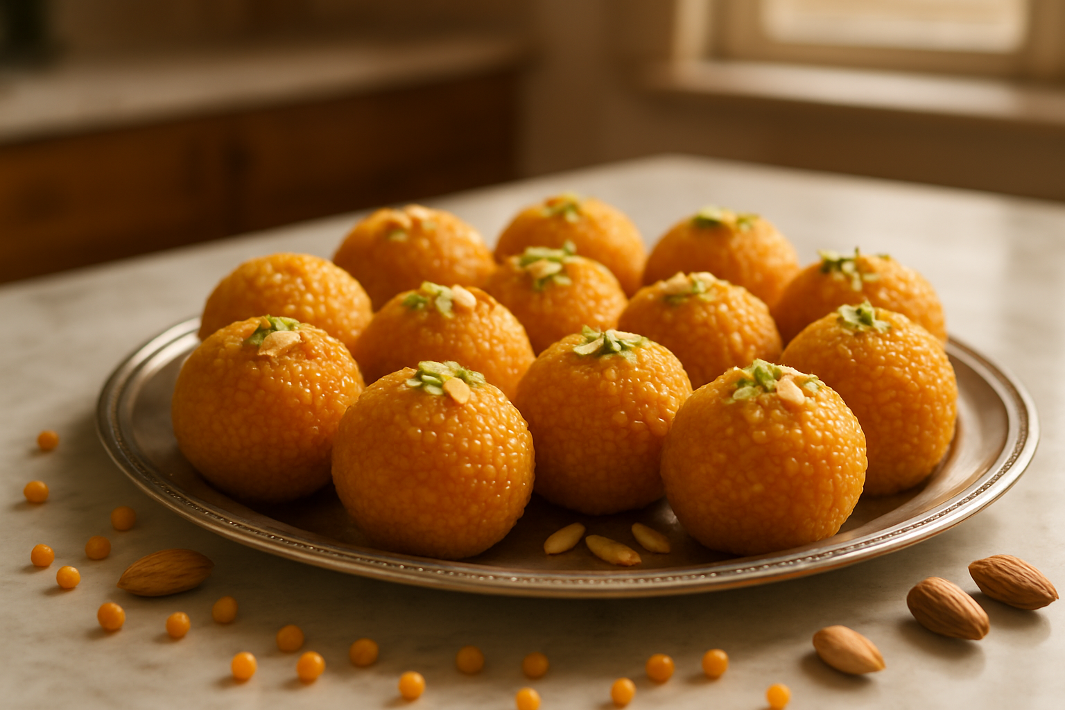 Create a realistic image of perfectly round golden Motichoor Laddus arranged on an elegant brass or silver platter, with some laddus garnished with chopped pistachios and almonds, placed on a clean marble or wooden kitchen counter with soft natural lighting from a window creating gentle shadows, surrounded by scattered motichoor pearls and a few whole nuts, conveying a sense of accomplishment and traditional homemade sweetness, shot from a slightly elevated angle to showcase the beautiful spherical shape and textured surface of the laddus, with a warm and inviting kitchen atmosphere in the blurred background, absolutely NO text should be in the scene.