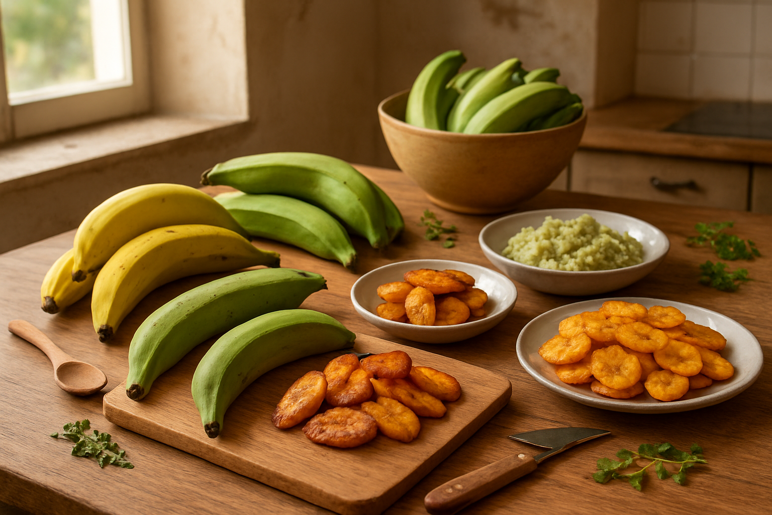 Create a realistic image of a beautifully arranged kitchen scene featuring various types of cooking bananas including green plantains, yellow plantains, and green bananas displayed on a wooden cutting board alongside cooked dishes like fried plantains, mashed green bananas, and plantain chips on ceramic plates, with cooking utensils including a sharp knife and wooden spoon nearby, fresh herbs scattered around, warm natural lighting streaming through a window creating soft shadows, a rustic kitchen background with neutral tones, conveying a sense of culinary accomplishment and healthy eating, absolutely NO text should be in the scene.