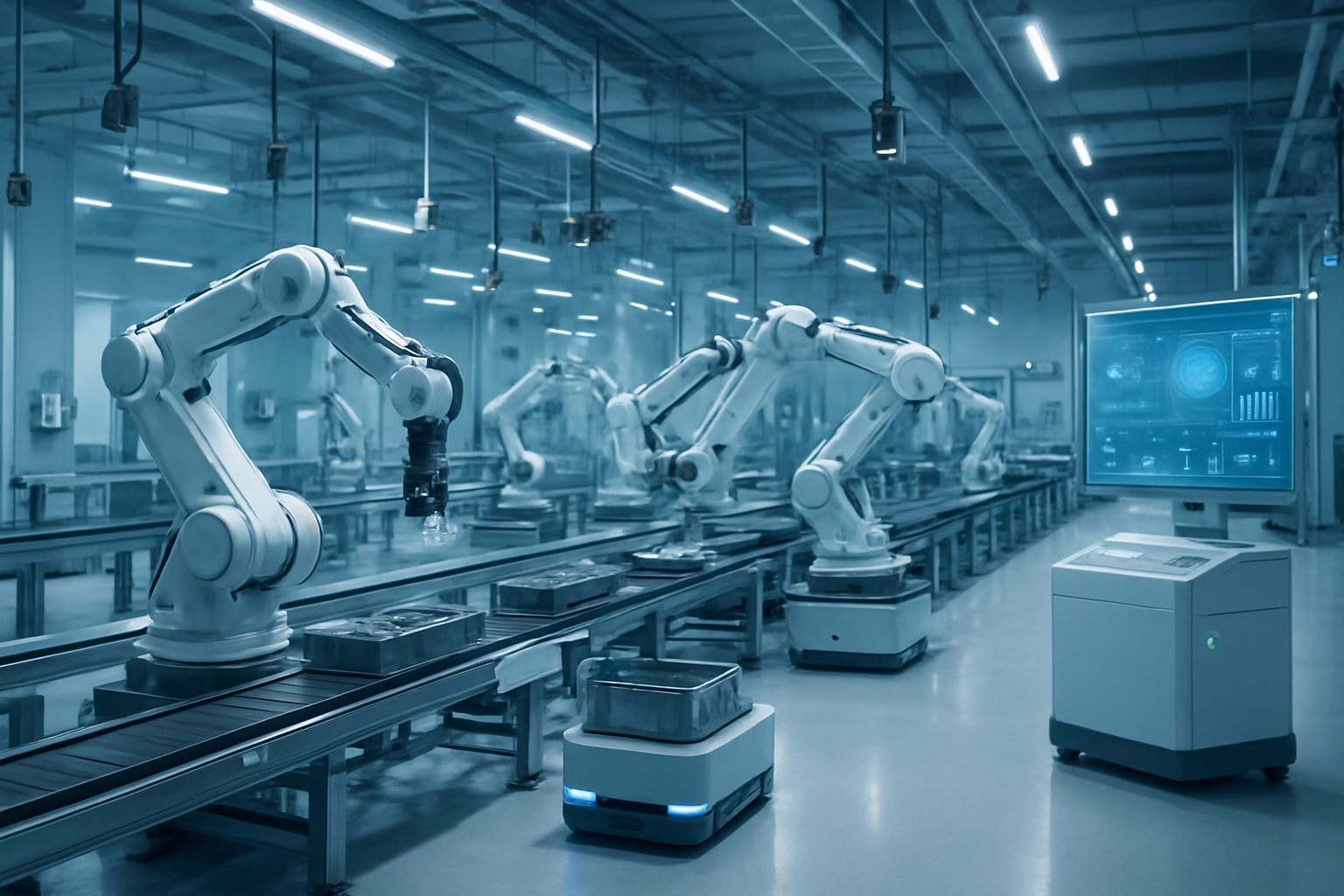 Create a realistic image of a modern smart factory interior with fully automated manufacturing systems, featuring robotic arms assembling products on conveyor belts, autonomous guided vehicles transporting materials, overhead sensors and cameras monitoring operations, industrial IoT devices with LED indicators, sleek machinery operating without human intervention, clean white and blue industrial lighting, futuristic control panels with holographic displays, and a spacious high-tech environment showcasing complete automation and self-operating capabilities. Absolutely NO text should be in the scene.
