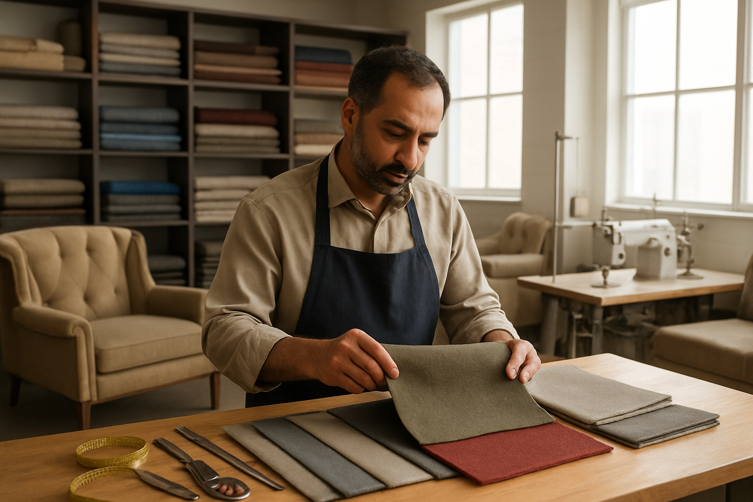 Create a realistic image of a professional upholstery workshop interior showing quality assessment criteria, featuring a middle-aged Middle Eastern male craftsman examining fabric samples at a workstation, with organized shelves displaying various high-quality upholstery materials, professional sewing machines, measuring tools, and fabric cutting equipment, well-lit workspace with natural lighting from large windows, clean and organized environment suggesting reliability and expertise, couch frames and furniture pieces in different stages of upholstering visible in the background, warm and professional atmosphere conveying trust and quality craftsmanship, absolutely NO text should be in the scene.