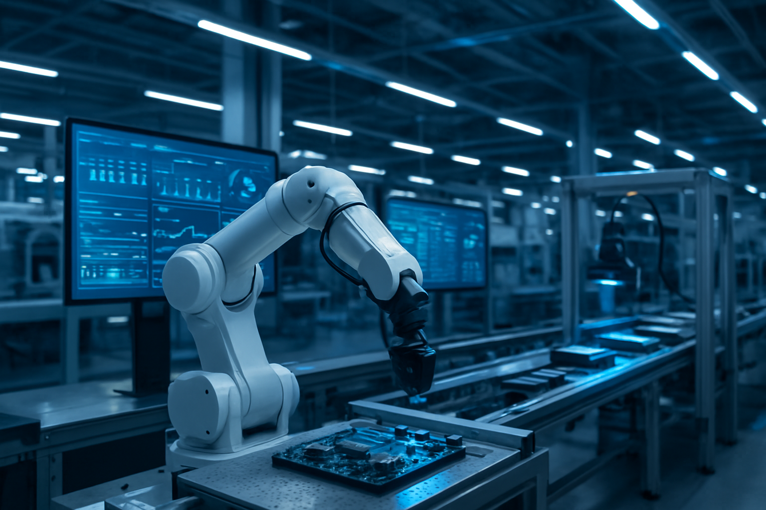 Create a realistic image of a modern manufacturing facility showcasing AI integration across multiple operations: in the foreground, a sleek robotic arm with sensors performing precision assembly work on electronic components, in the middle ground, large digital screens displaying predictive analytics dashboards with supply chain data and quality control metrics, and in the background, automated conveyor systems with AI-powered inspection cameras scanning products, all set in a clean, well-lit industrial environment with blue and white LED lighting creating a futuristic atmosphere, captured from a wide-angle perspective that emphasizes the seamless integration of artificial intelligence throughout the manufacturing process, absolutely NO text should be in the scene.