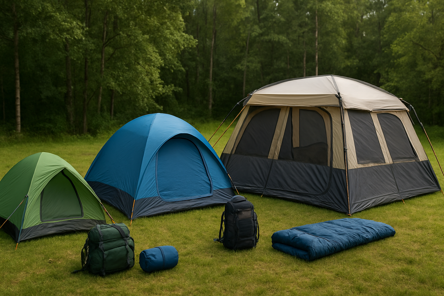 Create a realistic image of various camping tents of different sizes displayed side by side on grassy ground, showing a small one-person tent, a medium two-person dome tent, and a large family-sized cabin tent with multiple rooms, all set up properly with guy lines and stakes, surrounded by camping gear like backpacks and sleeping bags to demonstrate scale comparison, with a forest backdrop and soft natural daylight, absolutely NO text should be in the scene.