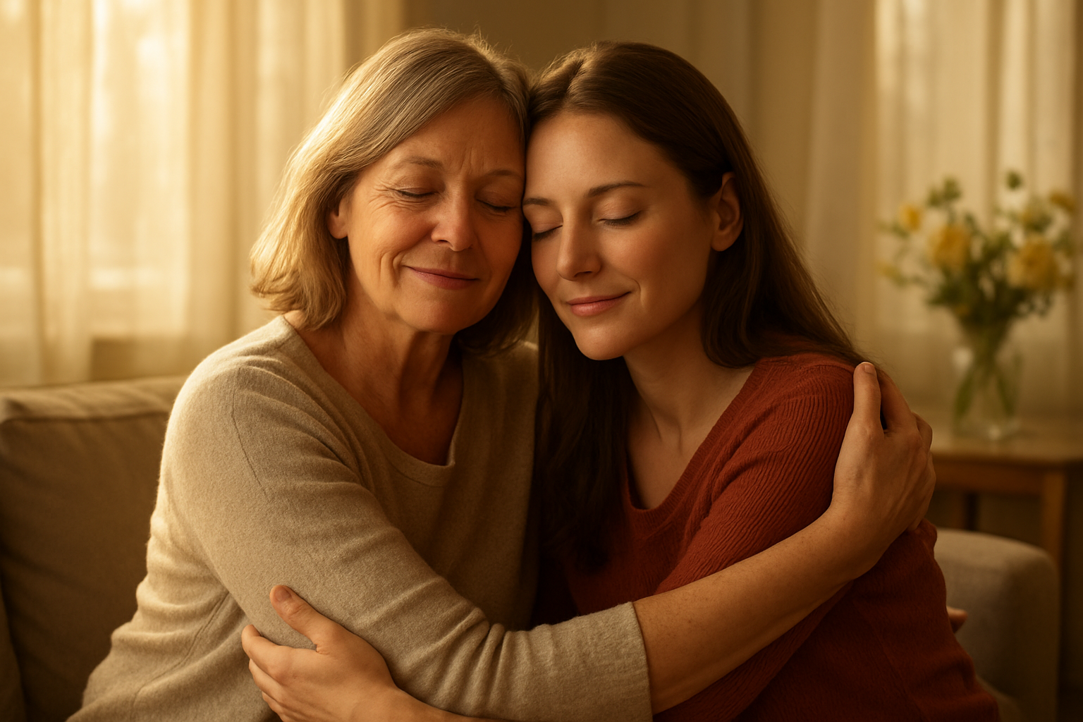 Create a realistic image of a warm, tender moment showing a middle-aged white female mother gently embracing her adult white female daughter in a softly lit living room, with golden afternoon sunlight streaming through sheer curtains, comfortable furniture in the background, fresh flowers on a nearby table, both women having peaceful, loving expressions that convey deep emotional connection and unconditional love, shot with soft, warm lighting that creates an intimate and nurturing atmosphere, absolutely NO text should be in the scene.
