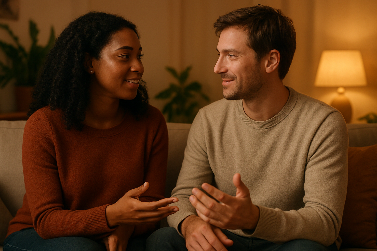 Create a realistic image of a diverse couple - a Black woman and a white man - sitting close together on a comfortable couch in a warm, softly-lit living room, facing each other with gentle smiles and maintaining eye contact while having an intimate conversation, with their hands naturally gesturing as they communicate, surrounded by a cozy home atmosphere with soft golden lighting from a nearby lamp, plants in the background, and warm earth-tone colors throughout the scene that convey love, connection, and emotional intimacy. Absolutely NO text should be in the scene.