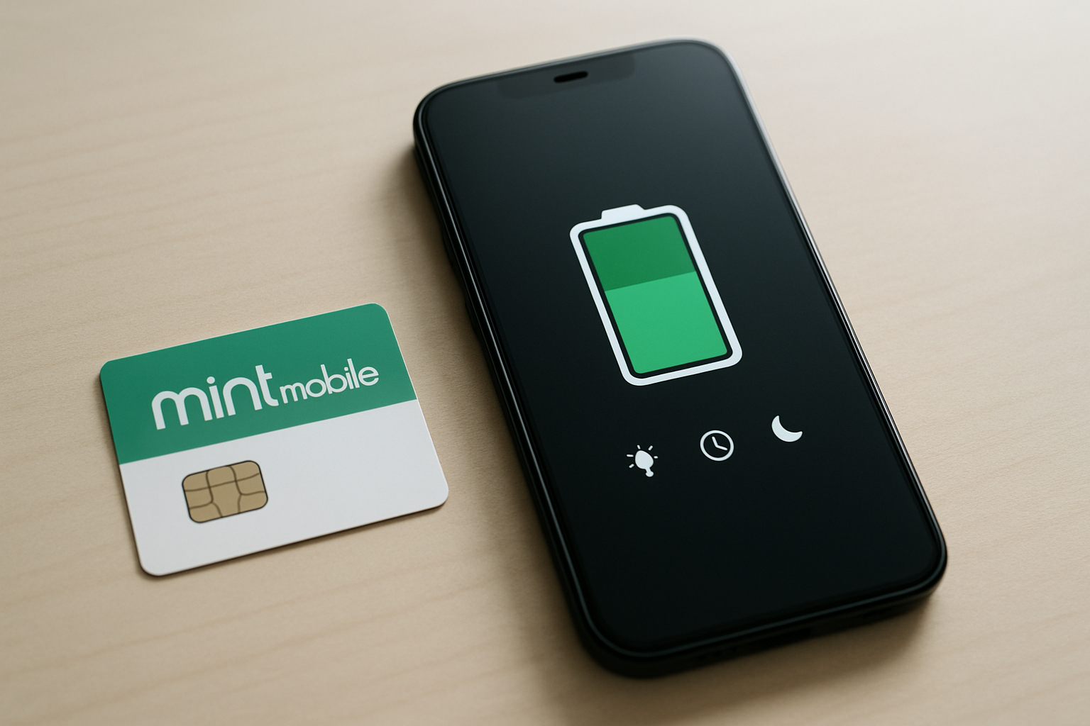 Create a realistic image of a smartphone displaying a battery percentage indicator at a high level (around 80-90%) with green battery icon, placed on a clean desk surface next to a Mint Mobile SIM card, with soft natural lighting from a window, and power-saving interface elements visible on the phone screen showing extended battery life features, shot from a slightly elevated angle to show both the phone and SIM card clearly, with a minimalist background that emphasizes the battery longevity concept, absolutely NO text should be in the scene.