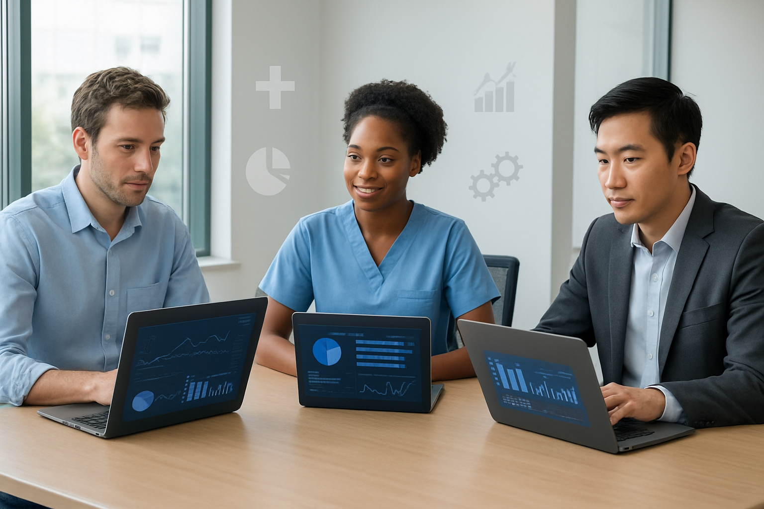 Create a realistic image of a diverse group of professionals from different industries sitting around a modern conference table, with a white male data scientist, a black female healthcare analyst, and an Asian male financial analyst, each working on laptops displaying different data visualization dashboards and analytics tools, with industry-specific icons and symbols (medical cross, financial graphs, manufacturing gears, retail cart) floating subtly in the background, set in a bright contemporary office space with natural lighting from large windows, conveying a collaborative atmosphere of technology decision-making across various sectors, absolutely NO text should be in the scene.