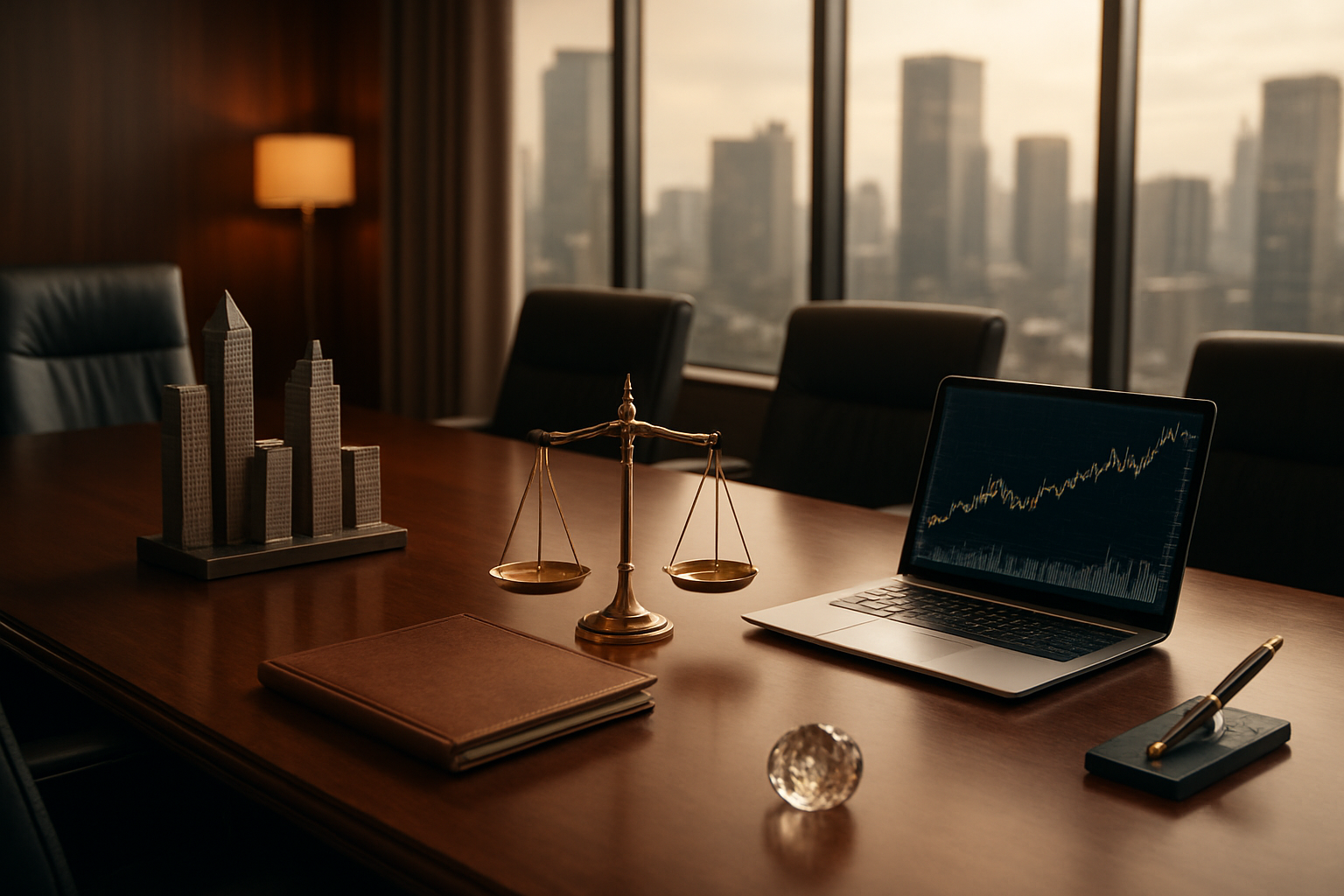 Create a realistic image of a sophisticated modern office setting with a large mahogany conference table displaying various investment symbols including miniature skyscrapers representing real estate, small golden scales symbolizing balanced portfolios, elegant leather-bound documents, a sleek laptop showing financial charts, and subtle luxury elements like a crystal paperweight and premium pen set, all arranged in an organized manner suggesting successful wealth management, with warm ambient lighting from floor-to-ceiling windows showing a city skyline in the background, conveying an atmosphere of prosperity, professionalism, and strategic financial planning, absolutely NO text should be in the scene.
