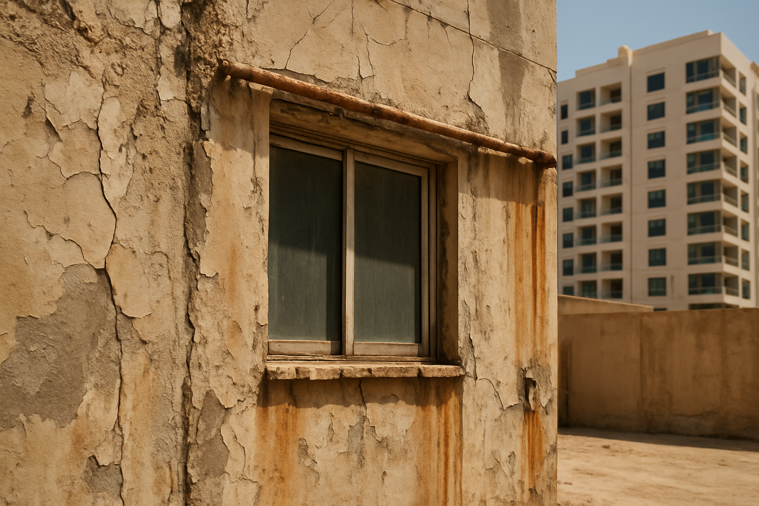 Create a realistic image of a deteriorating building exterior in the UAE showing visible building envelope defects including cracked and peeling exterior wall paint, water stains running down concrete walls, damaged window seals with gaps, corroded metal fixtures, and weathered building materials under harsh desert sunlight, with a modern UAE residential or commercial building in the background, bright daylight with strong shadows typical of Middle Eastern climate, focusing on the structural deterioration and maintenance issues of the building's outer shell, absolutely NO text should be in the scene.
