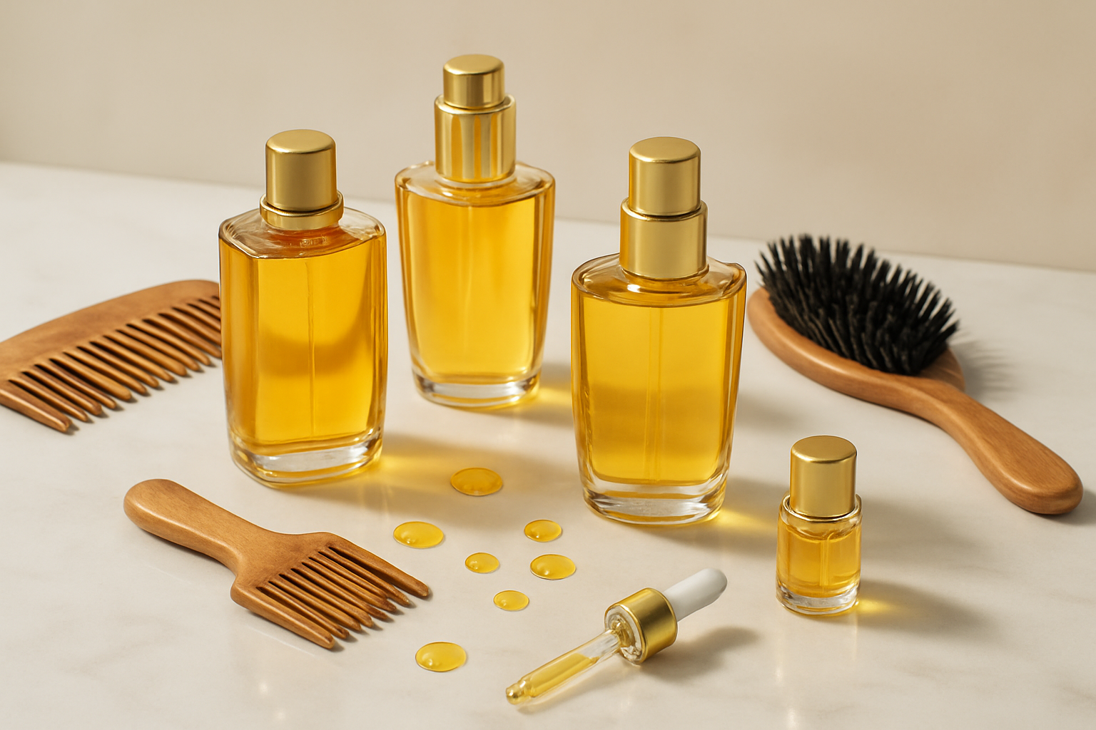 Create a realistic image of multiple Kerastase hair oil bottles arranged on a clean white marble surface with different application tools including a wide-tooth comb, hair brush, and small glass dropper, showing various drops of golden hair oil scattered around the bottles, with soft natural lighting from above creating gentle shadows, and a minimalist spa-like background with subtle cream tones, absolutely NO text should be in the scene.