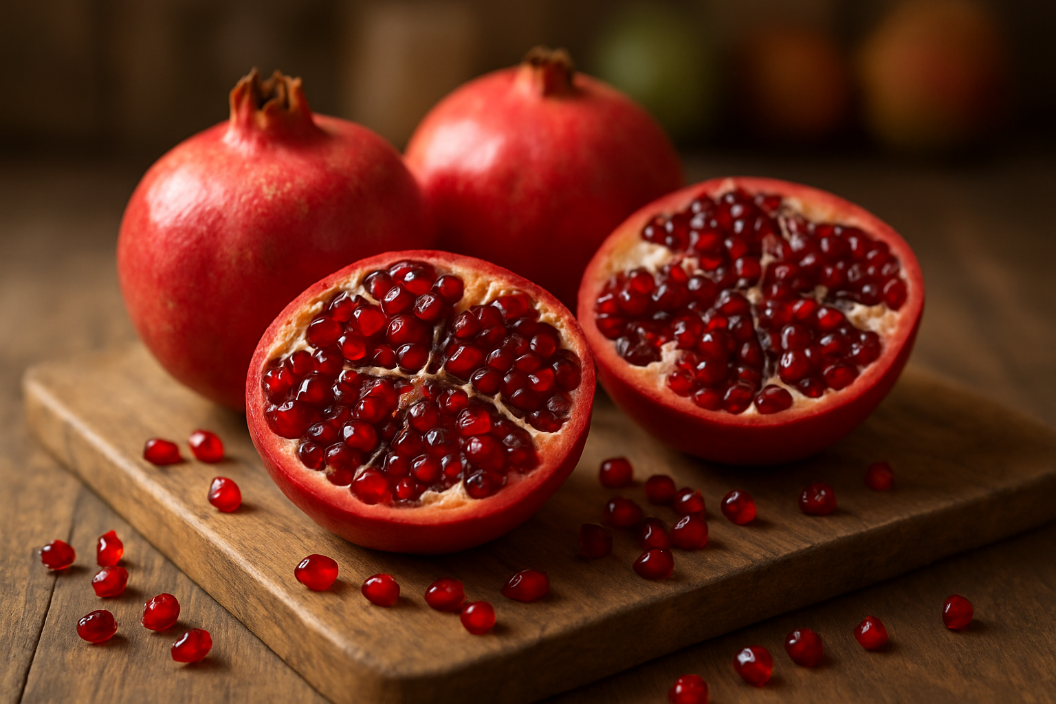 Create a realistic image of fresh whole pomegranates and cut pomegranate halves displaying ruby red arils arranged on a rustic wooden cutting board, with scattered pomegranate seeds around the board, soft natural lighting from above creating gentle shadows, warm kitchen environment with blurred background showing hints of other fruits, emphasizing the vibrant red colors and textures of the pomegranate flesh and seeds, shot from a slightly elevated angle to showcase the fruit's internal structure and external appearance, absolutely NO text should be in the scene.
