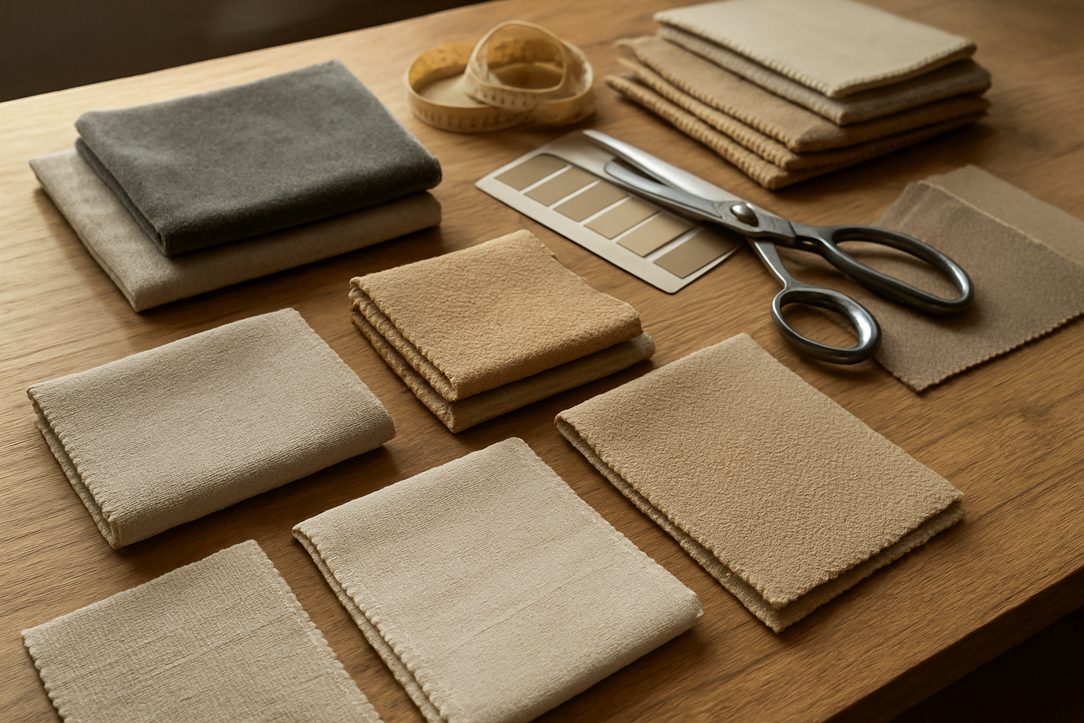 Create a realistic image of various fabric samples and upholstery materials spread out on a wooden table, including different textures like velvet, linen, leather swatches, and cotton fabrics in neutral colors, with measuring tools, fabric scissors, and color sample cards nearby, natural daylight coming through a window creating soft shadows, professional interior design workspace atmosphere, close-up view showing fabric details and textures clearly, absolutely NO text should be in the scene.