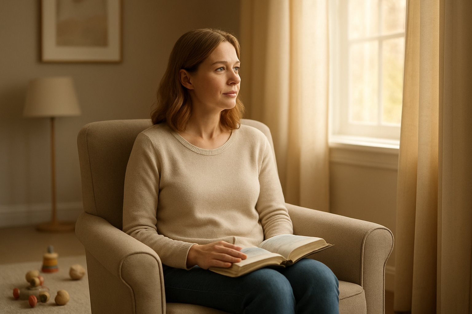 Create a realistic image of a peaceful white female mother sitting in a comfortable chair in a softly lit living room, holding an open Bible in her lap while looking thoughtfully out a nearby window with warm natural light streaming in, with children's toys scattered gently on the floor around her, creating a serene and contemplative atmosphere that conveys hope and inner peace, with soft pastel colors and gentle shadows, absolutely NO text should be in the scene.
