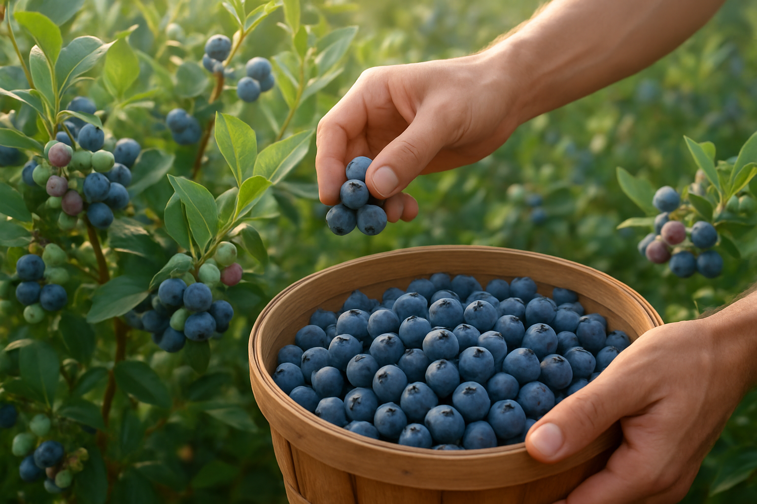 Create a realistic image of fresh blueberries being carefully harvested, showing hands gently picking ripe, plump blueberries from green leafy bushes, with a wooden basket filled with perfectly selected deep blue berries in the foreground, surrounded by blueberry plants with clusters of berries in various stages of ripeness from green to deep purple-blue, set in natural outdoor lighting with soft morning sunlight filtering through, creating a warm and inviting agricultural scene that emphasizes quality fruit selection, absolutely NO text should be in the scene.