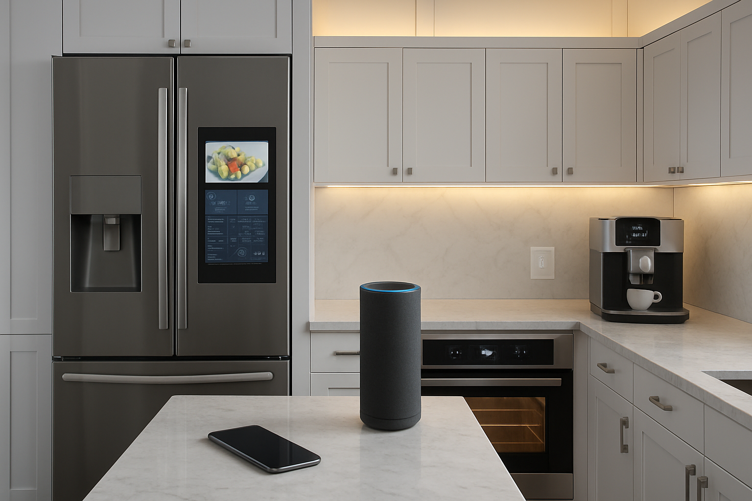 Create a realistic image of a modern kitchen showcasing smart automation devices including a sleek smart refrigerator with digital display, voice-controlled smart speaker on the counter, smartphone-controlled smart oven with glowing display, automated coffee machine, smart lighting system with warm LED lights, and various connected appliances seamlessly integrated into a contemporary kitchen design with clean white and stainless steel surfaces, marble countertops, and a sophisticated tech-forward atmosphere that demonstrates the future of cooking automation, Absolutely NO text should be in the scene.