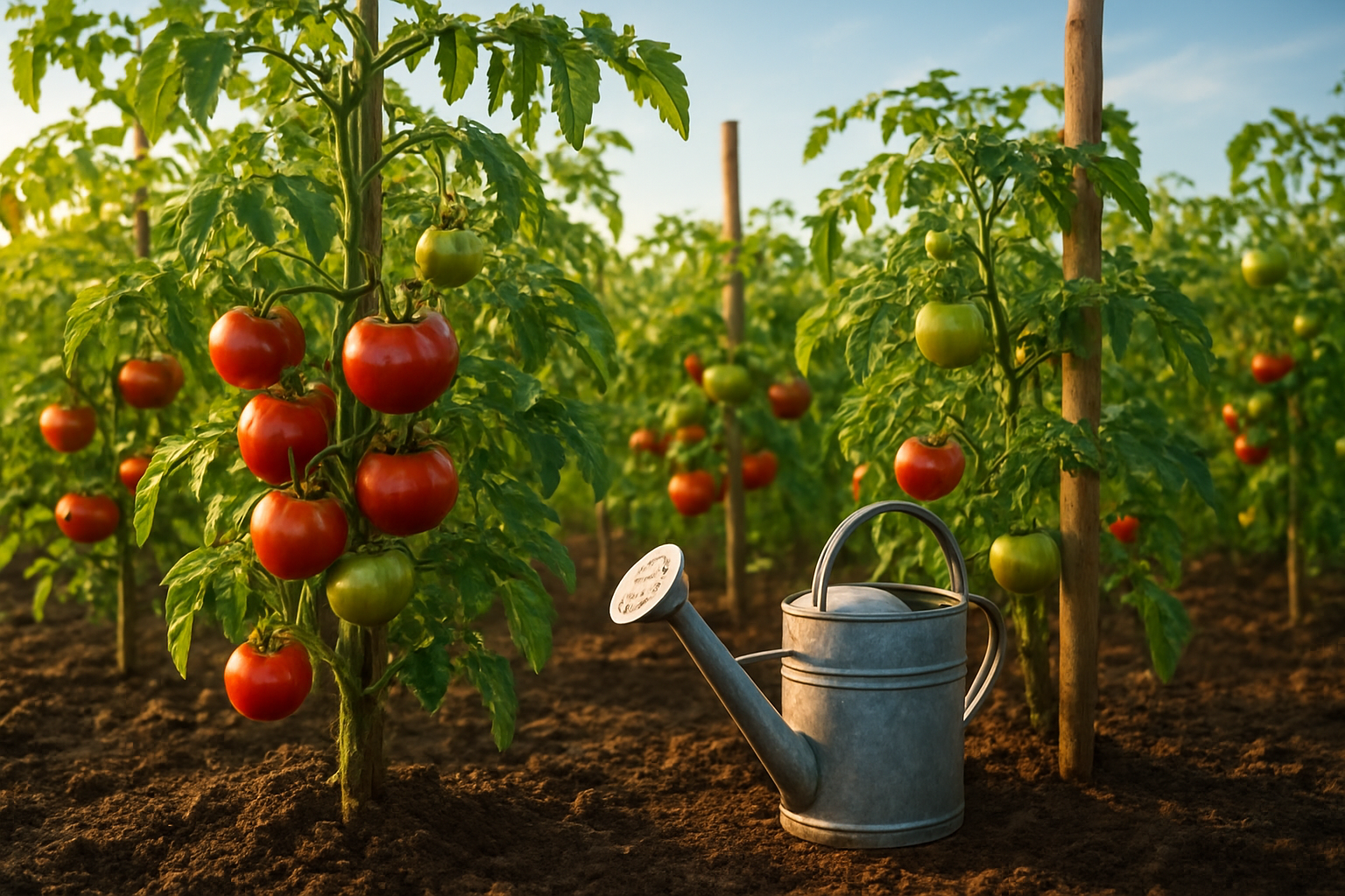 Create a realistic image of a thriving tomato garden with multiple tomato plants at various growth stages, showing healthy green vines with red and green tomatoes hanging from branches, rich dark soil, wooden stakes supporting the plants, a watering can nearby, bright natural sunlight filtering through the scene, and a clear blue sky in the background, captured during golden hour lighting to emphasize the lush growing conditions. Absolutely NO text should be in the scene.